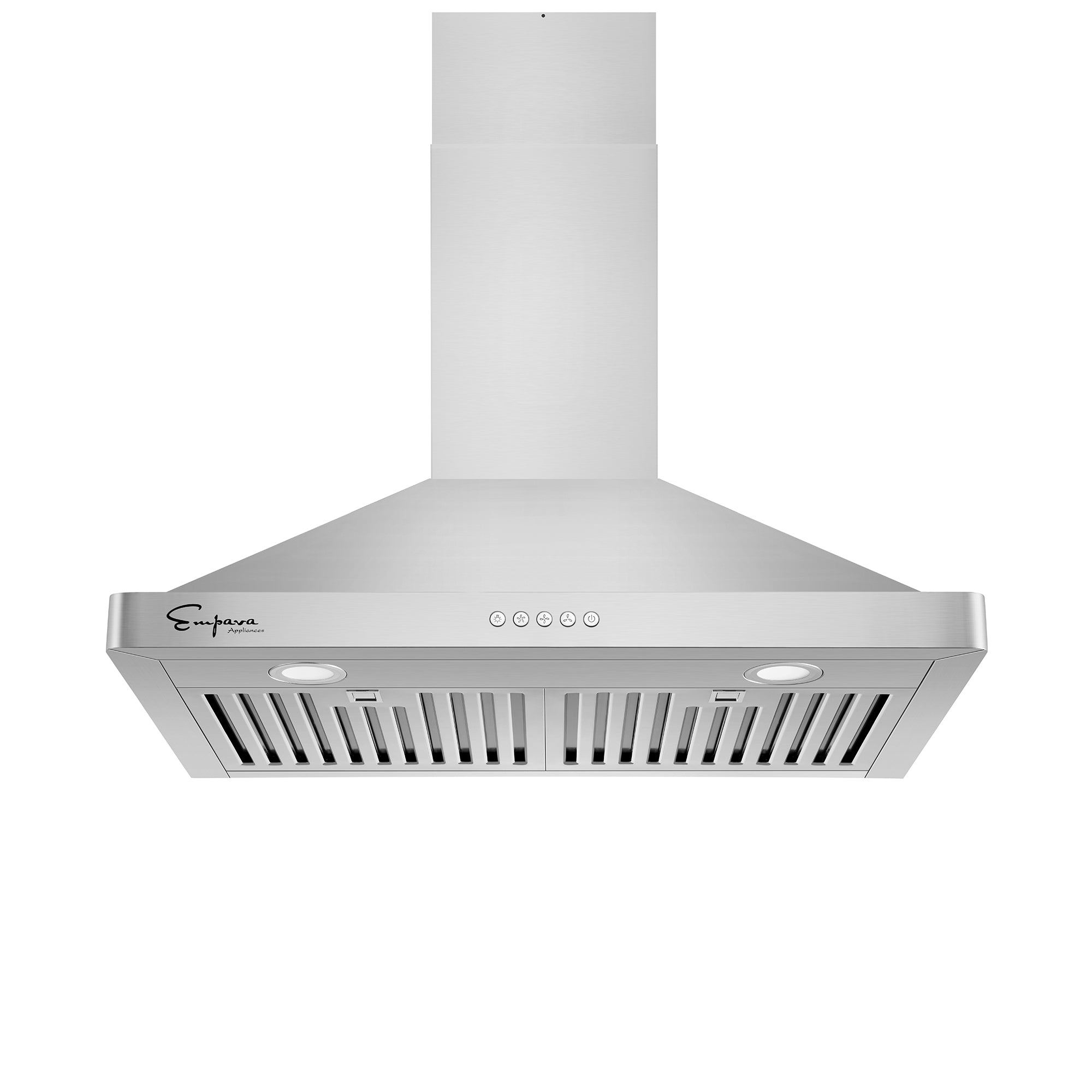 Empava 30RH05 30 in. Wall Mount Range Hood with stainless steel finish and button controls, showcasing its sleek design and powerful ventilation.