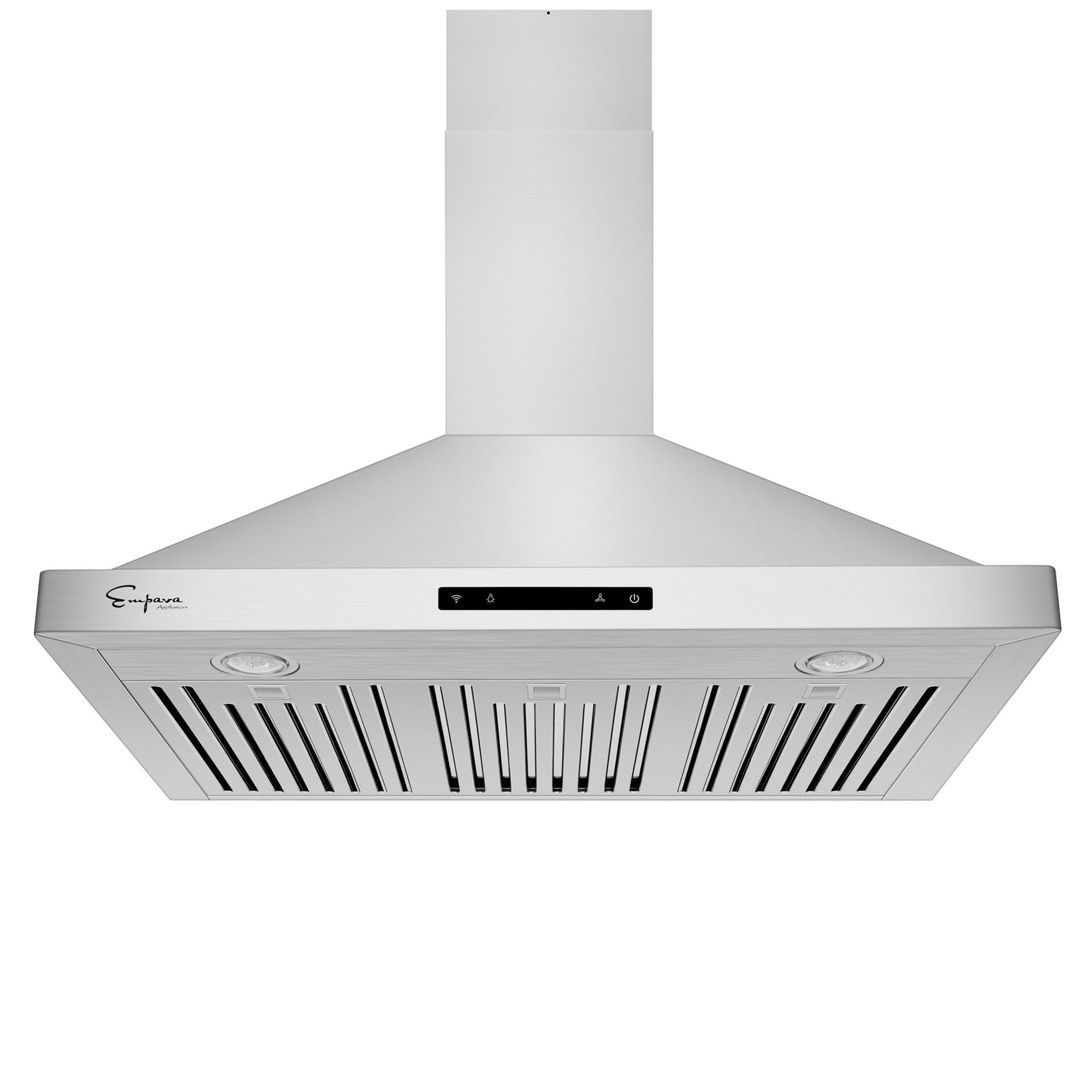Empava 36RH04 36 in. ducted wall mount range hood with stainless steel finish and touch-sensitive controls.
