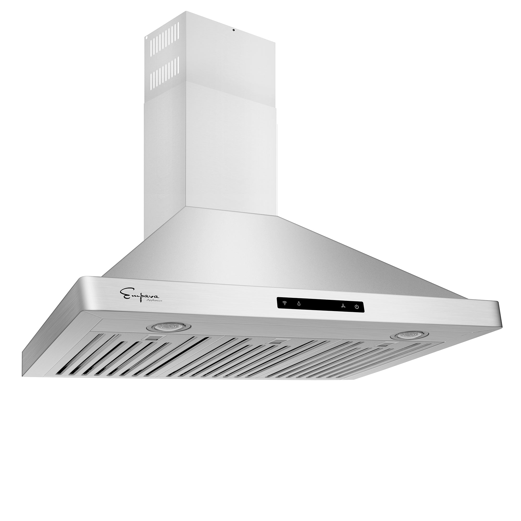 Empava 36RH04 36 in. ducted wall mount range hood with stainless steel finish and touch-sensitive controls.