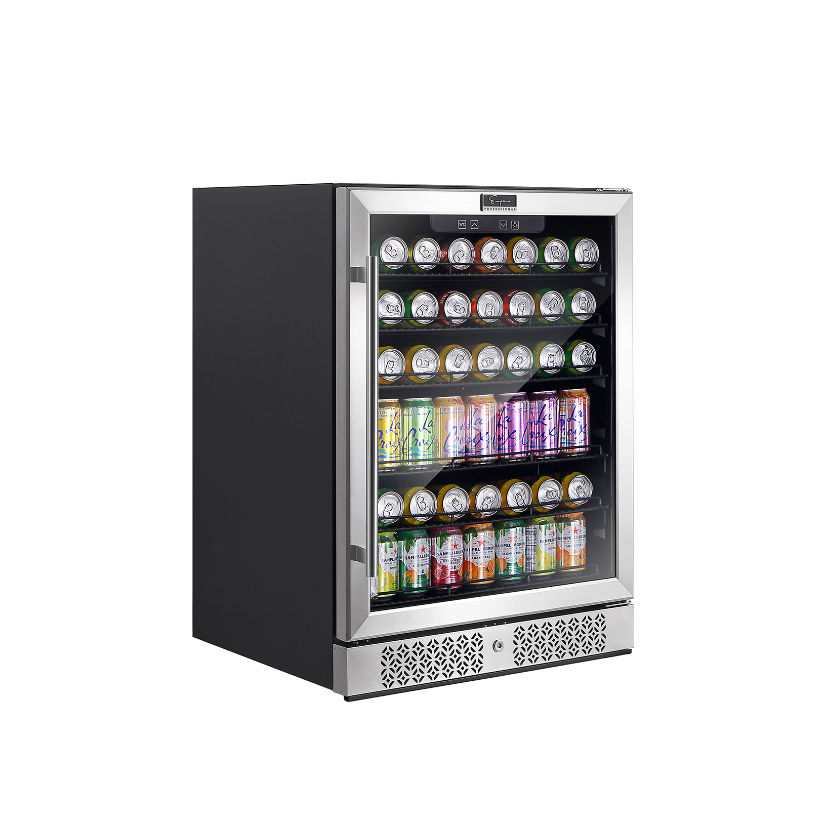 Empava BR02S 24 Inch Freestanding & Built-in Beverage Fridge with glass door and adjustable shelves, showcasing a variety of drinks.