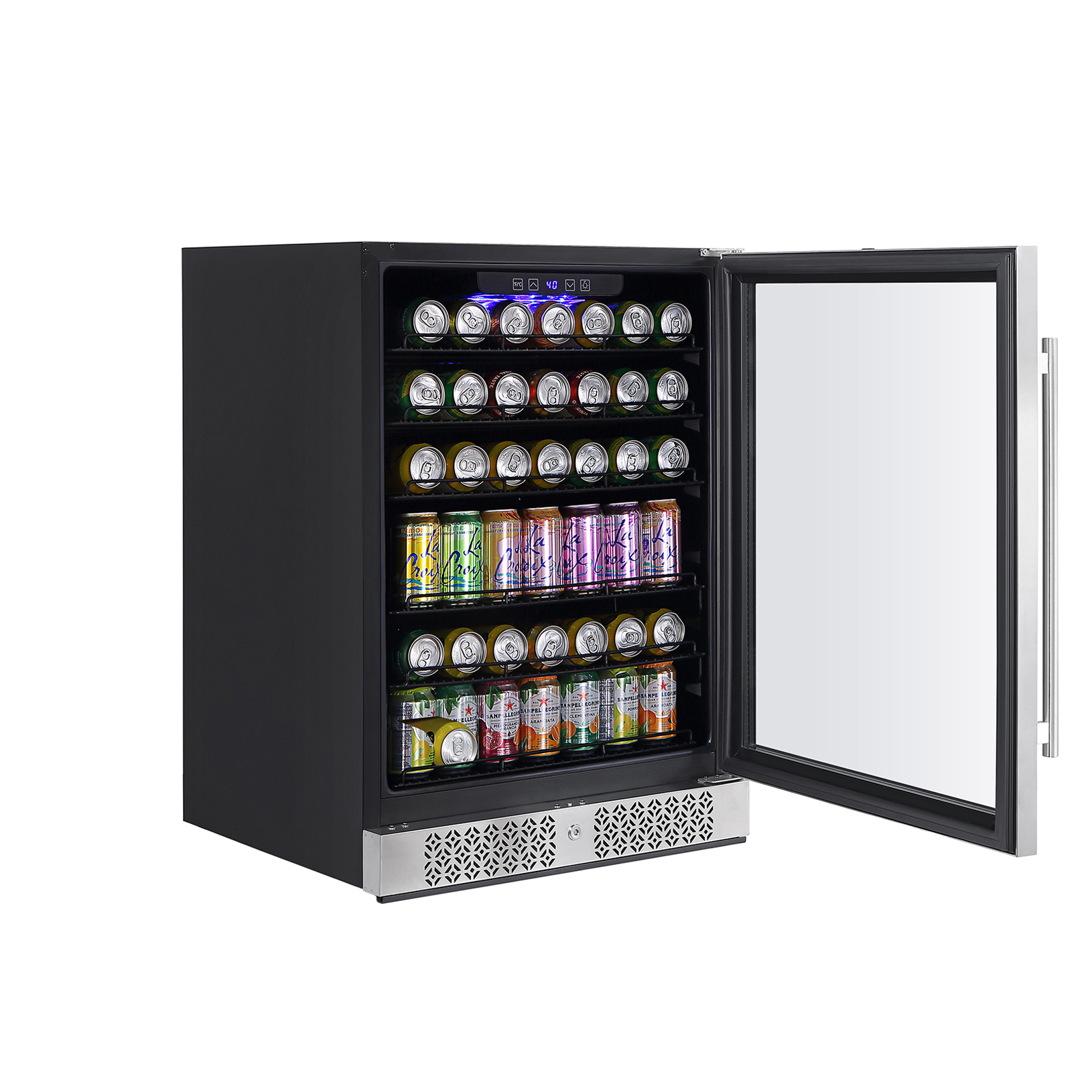 Empava BR02S 24 Inch Freestanding & Built-in Beverage Fridge with glass door and adjustable shelves, showcasing a variety of drinks.