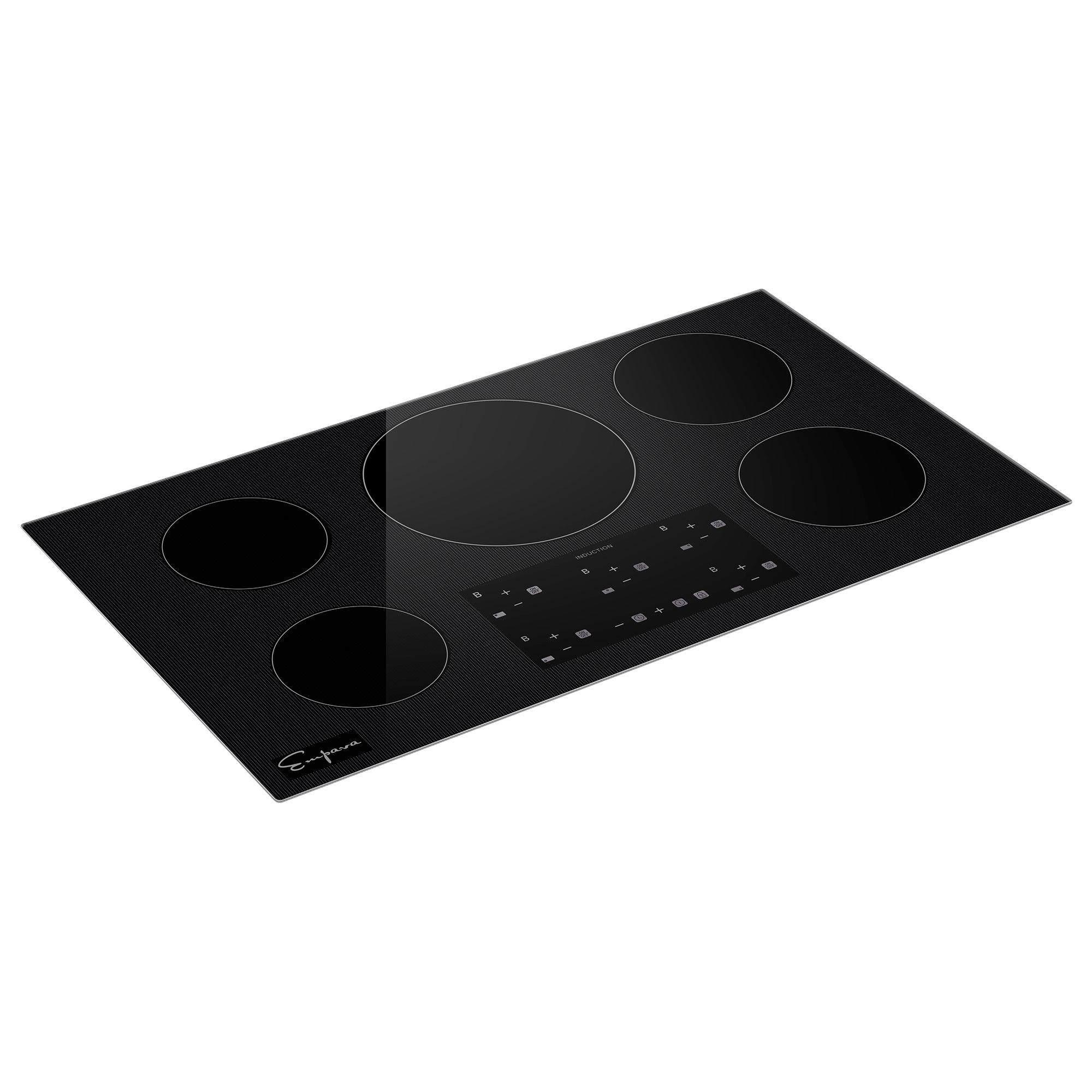 Empava IDC36 36 in. W x 21 in. D Induction Cooktop with a sleek black glass surface and red LED display.