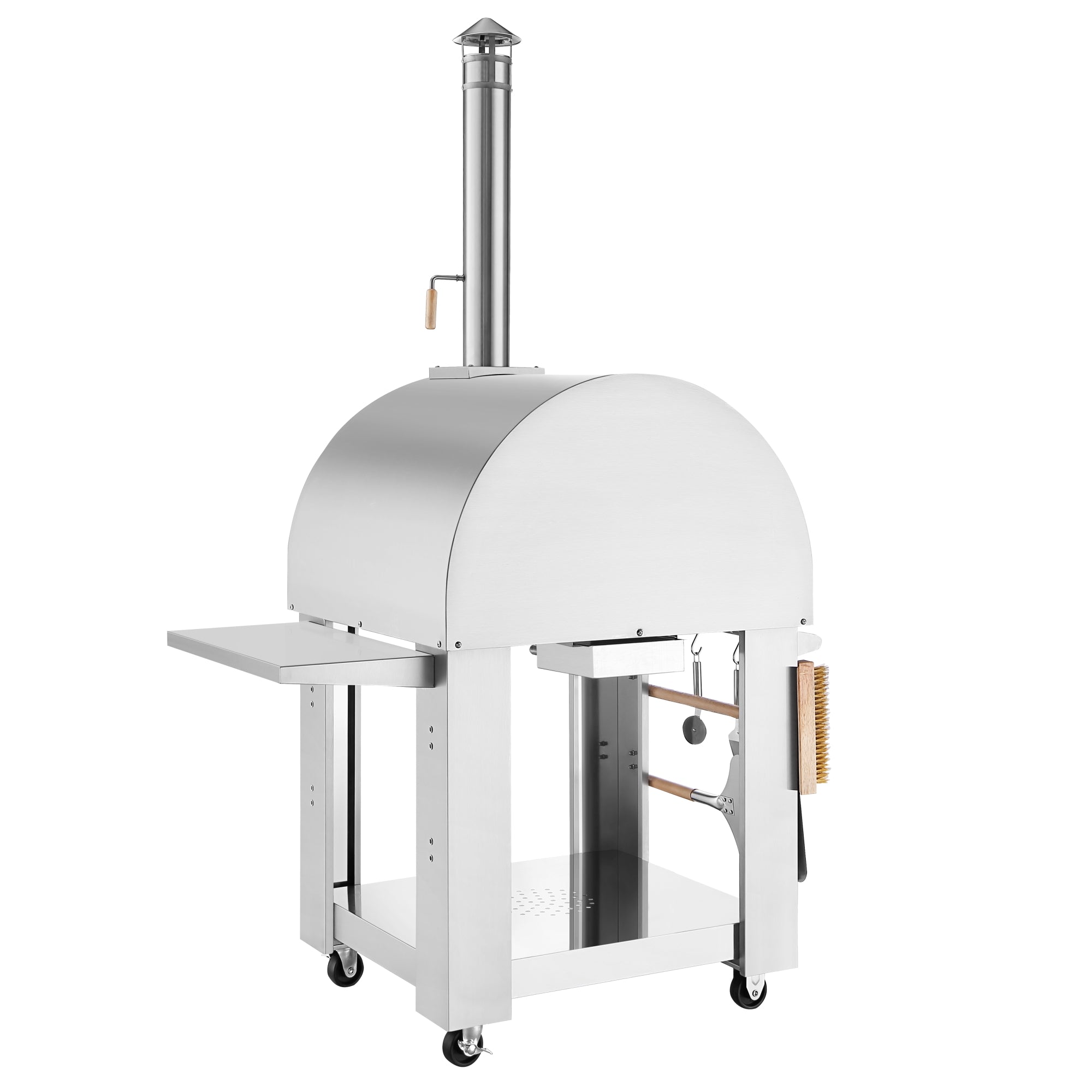 Empava PG05 Outdoor Wood Fired Pizza Oven with side table, showcasing its stainless steel design and spacious cooking area.