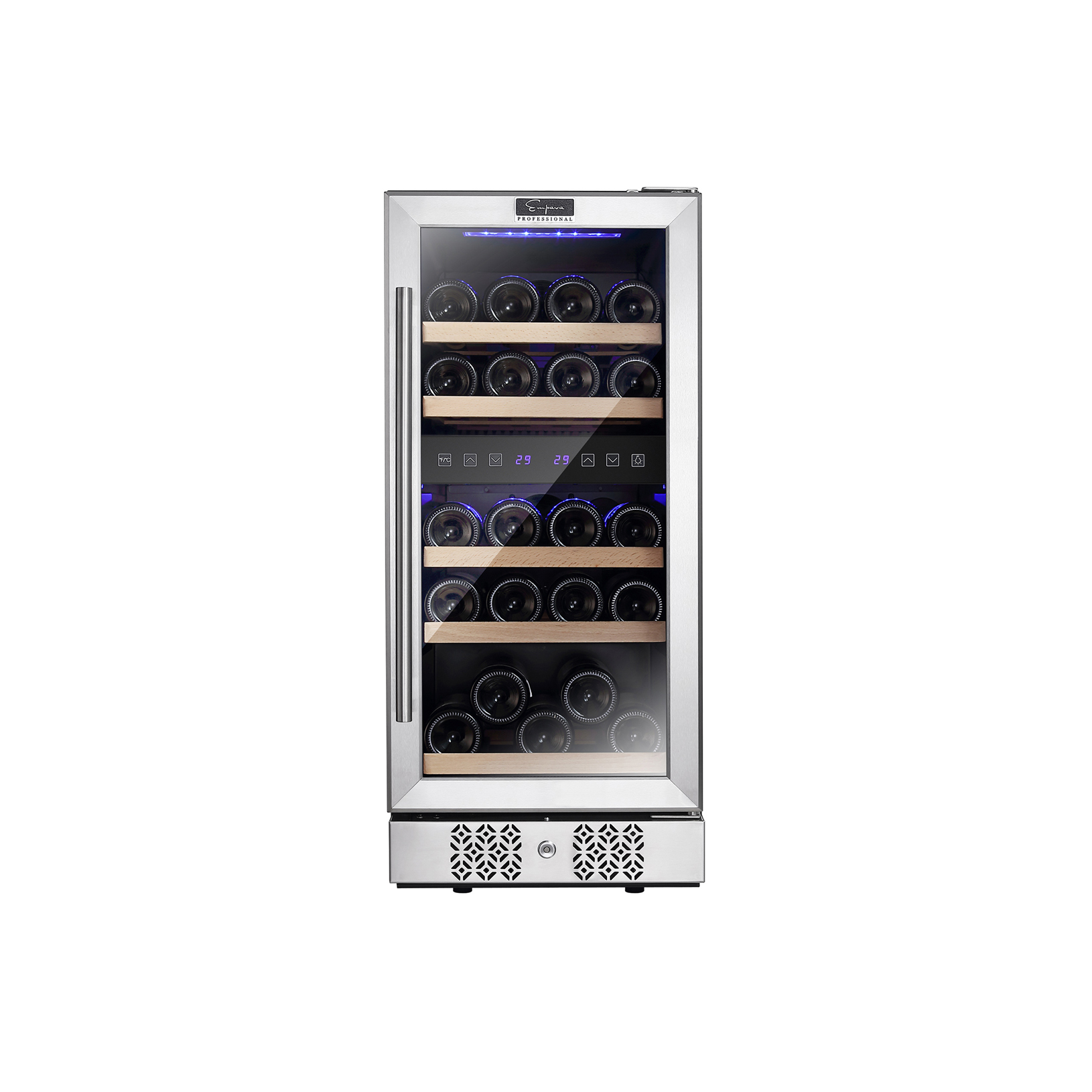 Empava WC02D 15 Inch Dual Zone Wine Cooler with stainless steel finish and glass door, showcasing wine bottles inside.