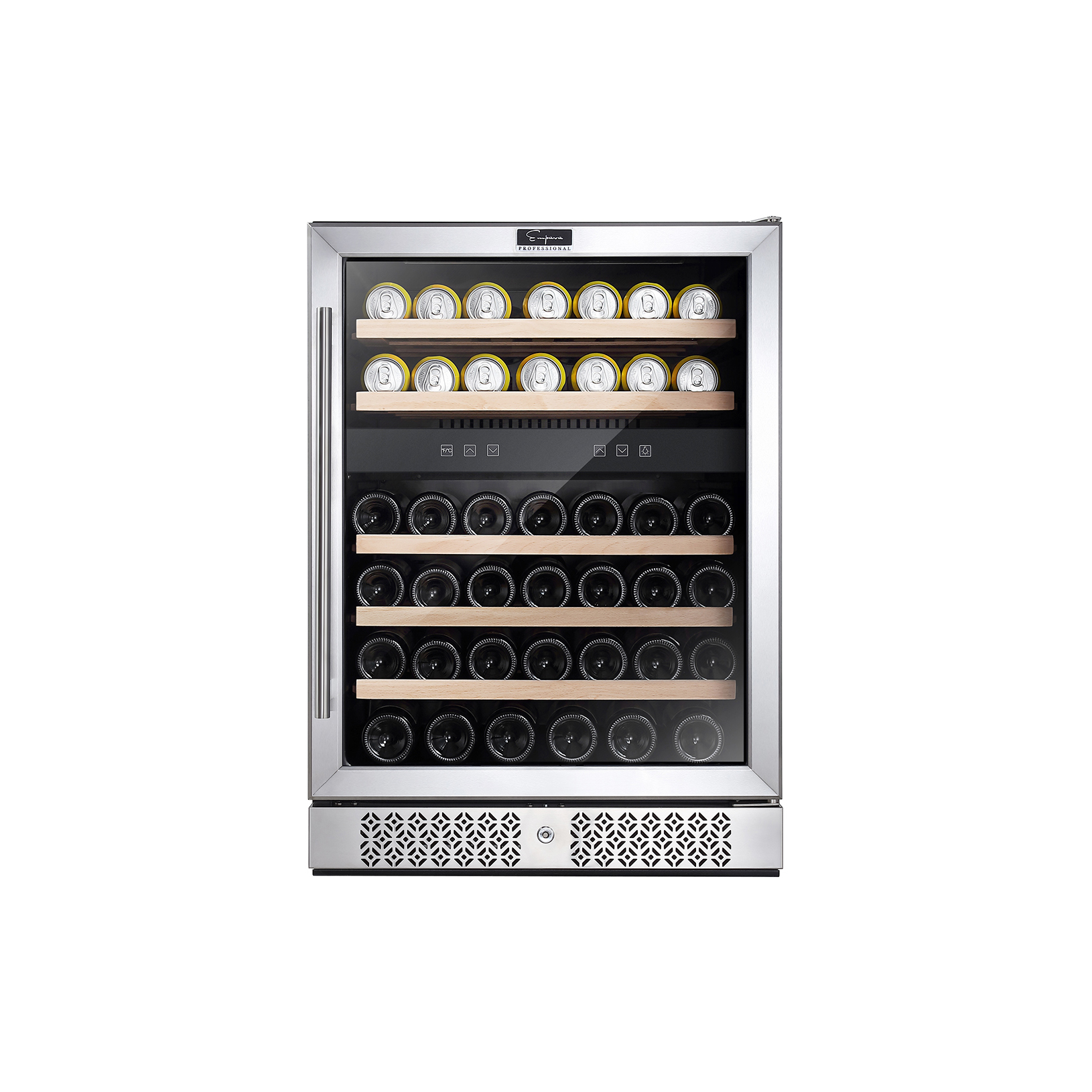 Empava WC04D 24 Inch Dual Zone Wine Cooler with stainless steel frame and glass door, showcasing wine bottles inside.