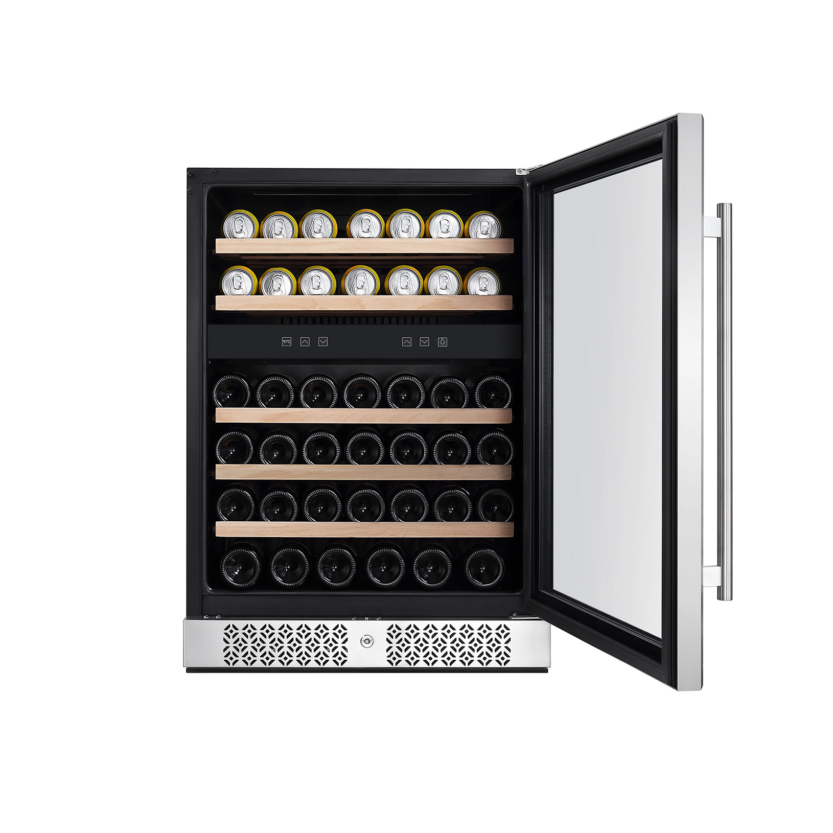 Empava WC04D 24 Inch Dual Zone Wine Cooler with stainless steel frame and glass door, showcasing wine bottles inside.