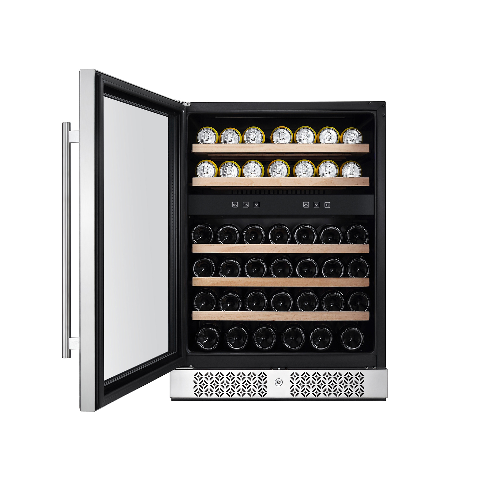 Empava WC04D 24 Inch Dual Zone Wine Cooler with stainless steel frame and glass door, showcasing wine bottles inside.