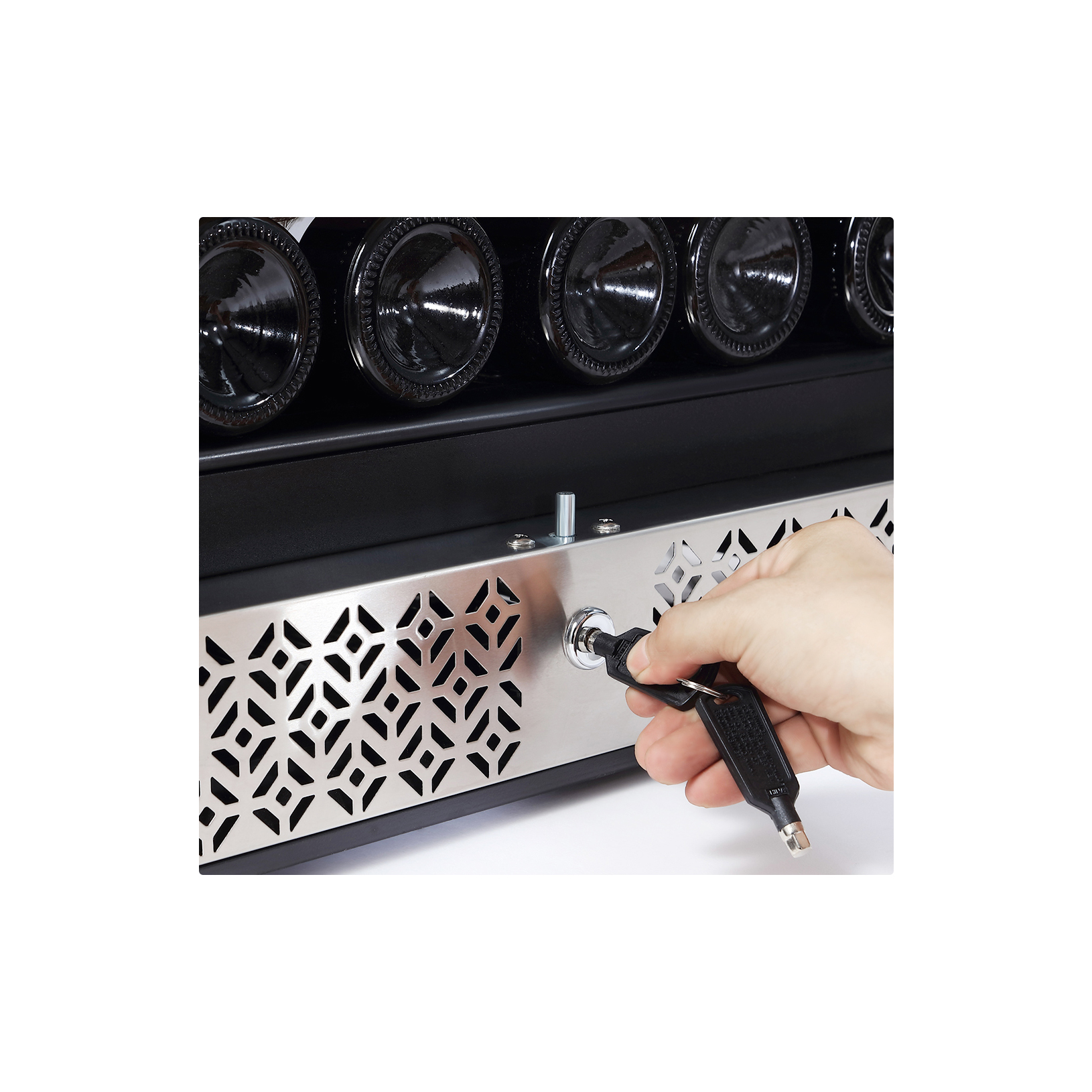 Empava WC04D 24 Inch Dual Zone Wine Cooler with stainless steel frame and glass door, showcasing wine bottles inside.