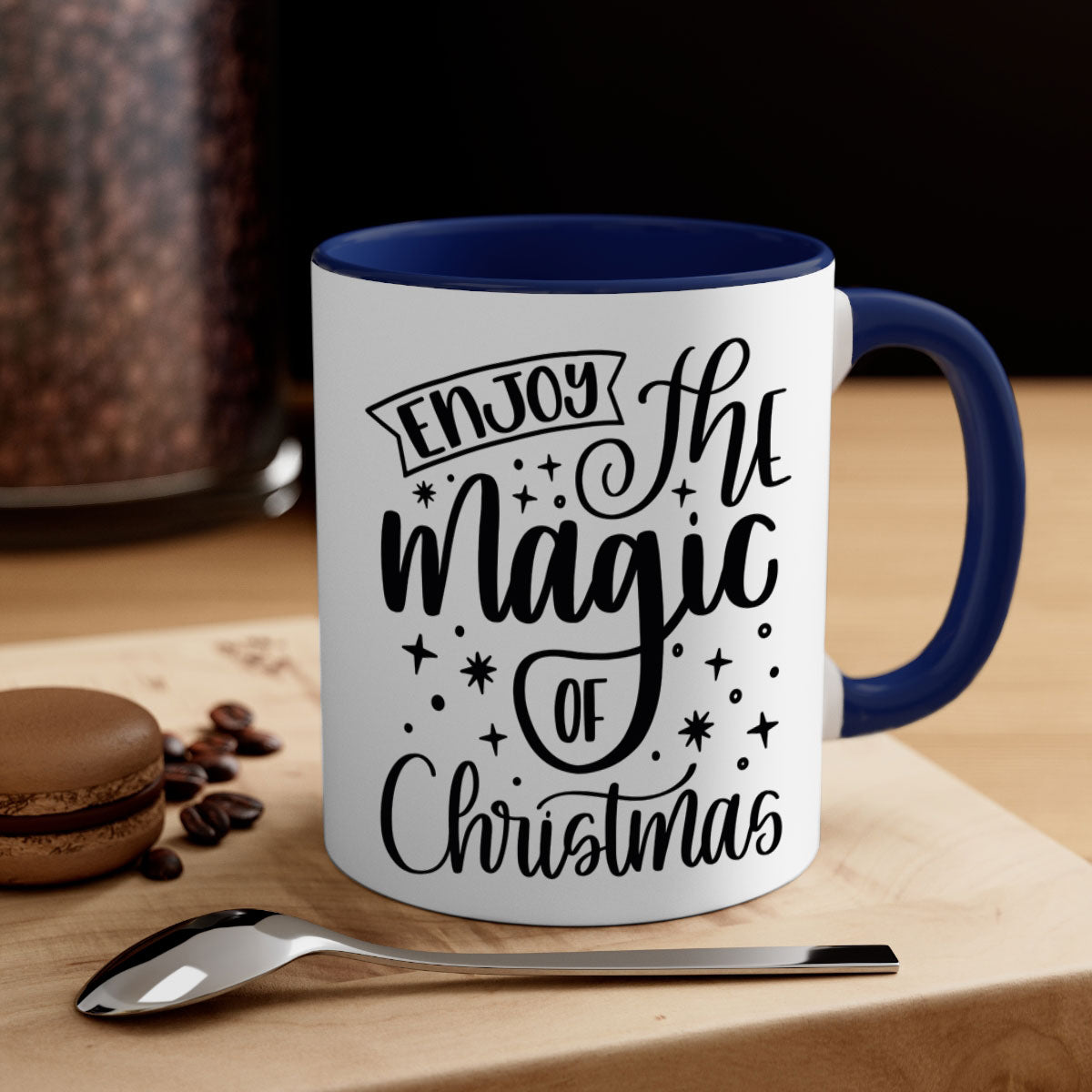 Two-tone Christmas mug with colored handle and glossy finish, available in multiple colors and sizes.