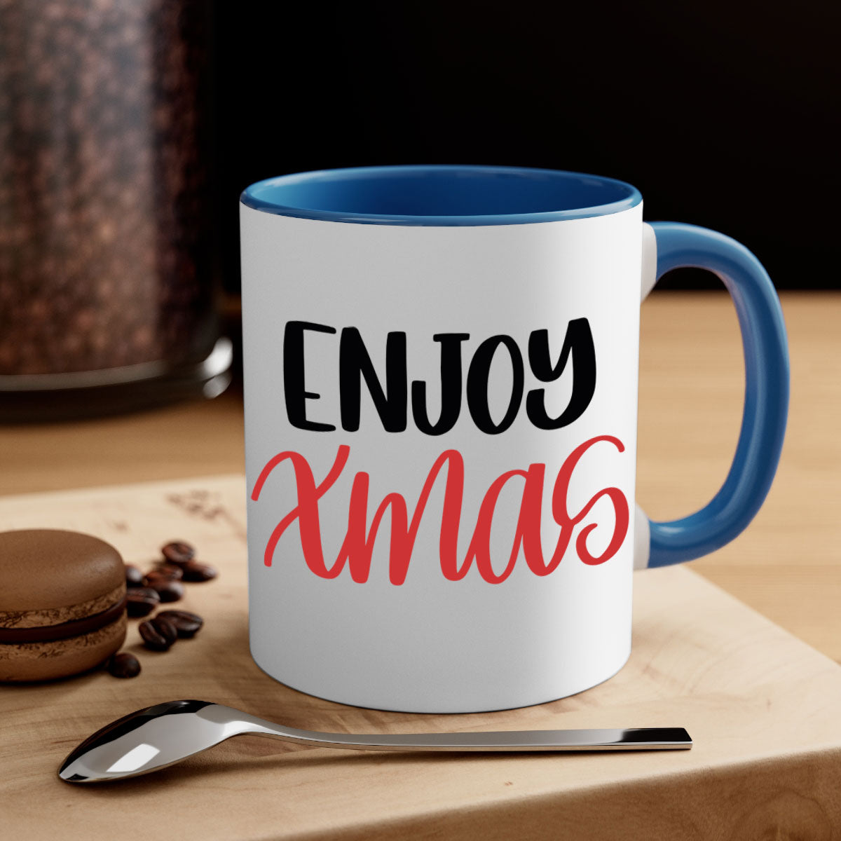 Enjoy Xmas 154# Christmas Mug with two-tone design, featuring a colored handle and glossy finish, available in multiple colors.