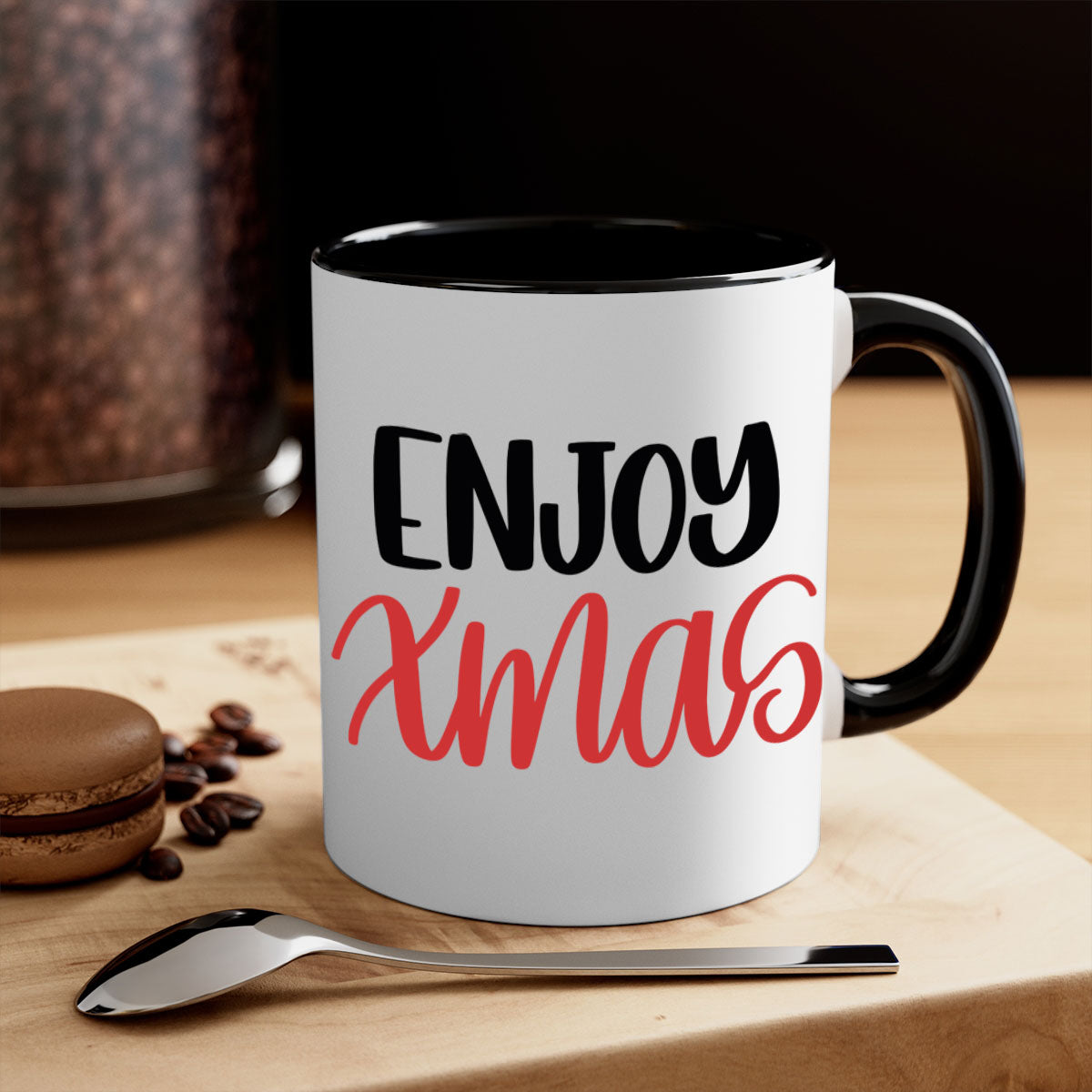 Enjoy Xmas 154# Christmas Mug with two-tone design, featuring a colored handle and glossy finish, available in multiple colors.