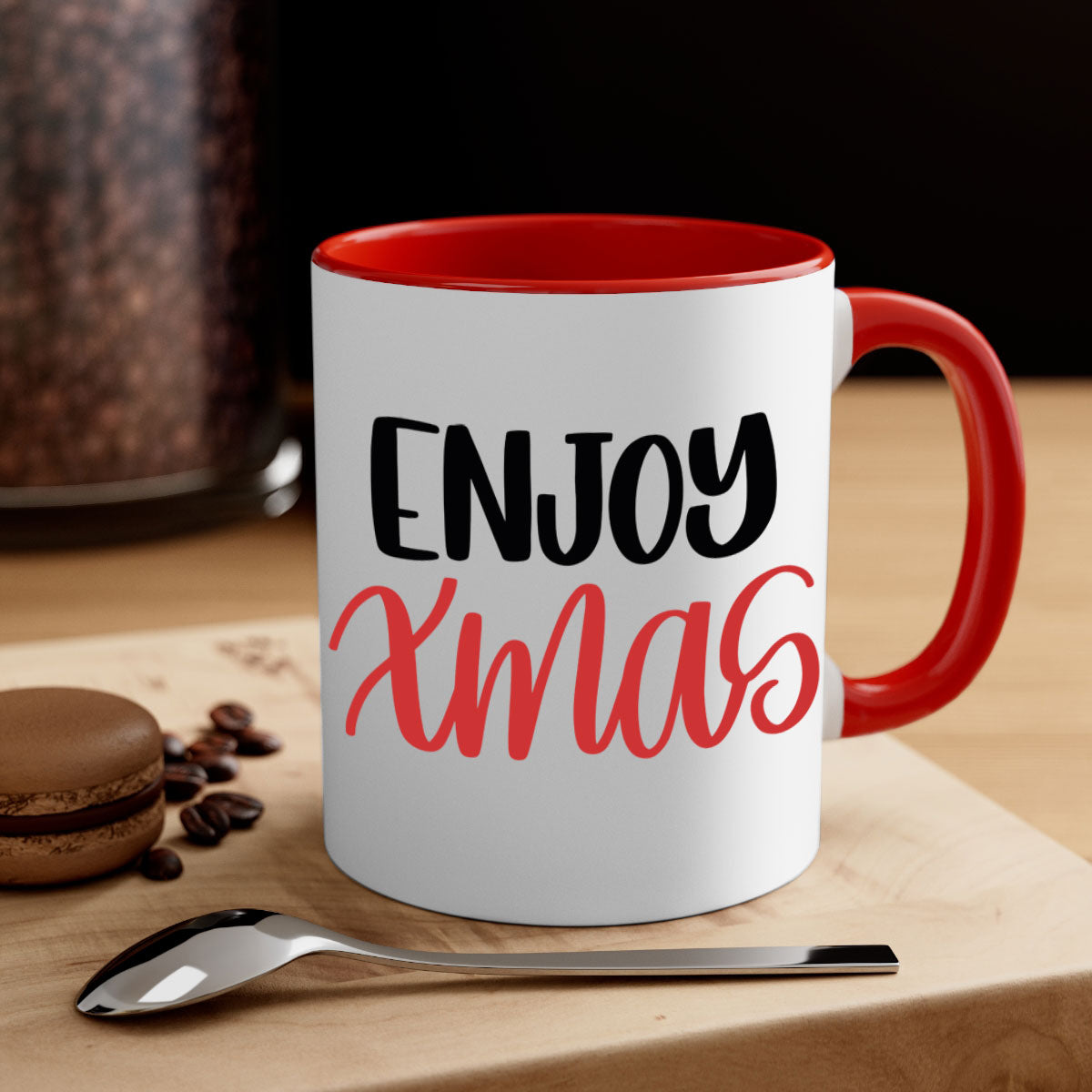 Enjoy Xmas 154# Christmas Mug with two-tone design, featuring a colored handle and glossy finish, available in multiple colors.