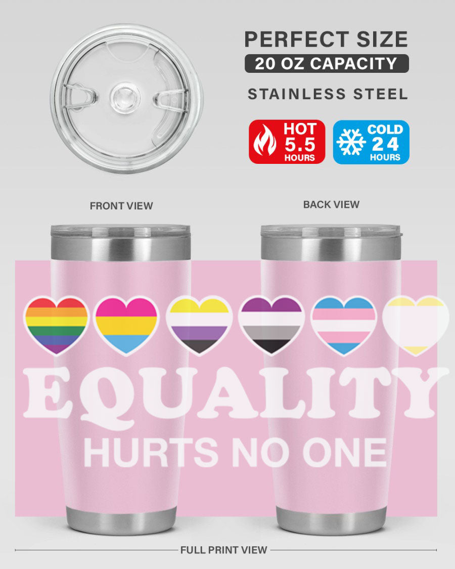 A stylish 20oz and 30oz stainless steel tumbler featuring the phrase 'Equality Hurts No One' with vibrant colors, perfect for LGBTQ+ supporters.