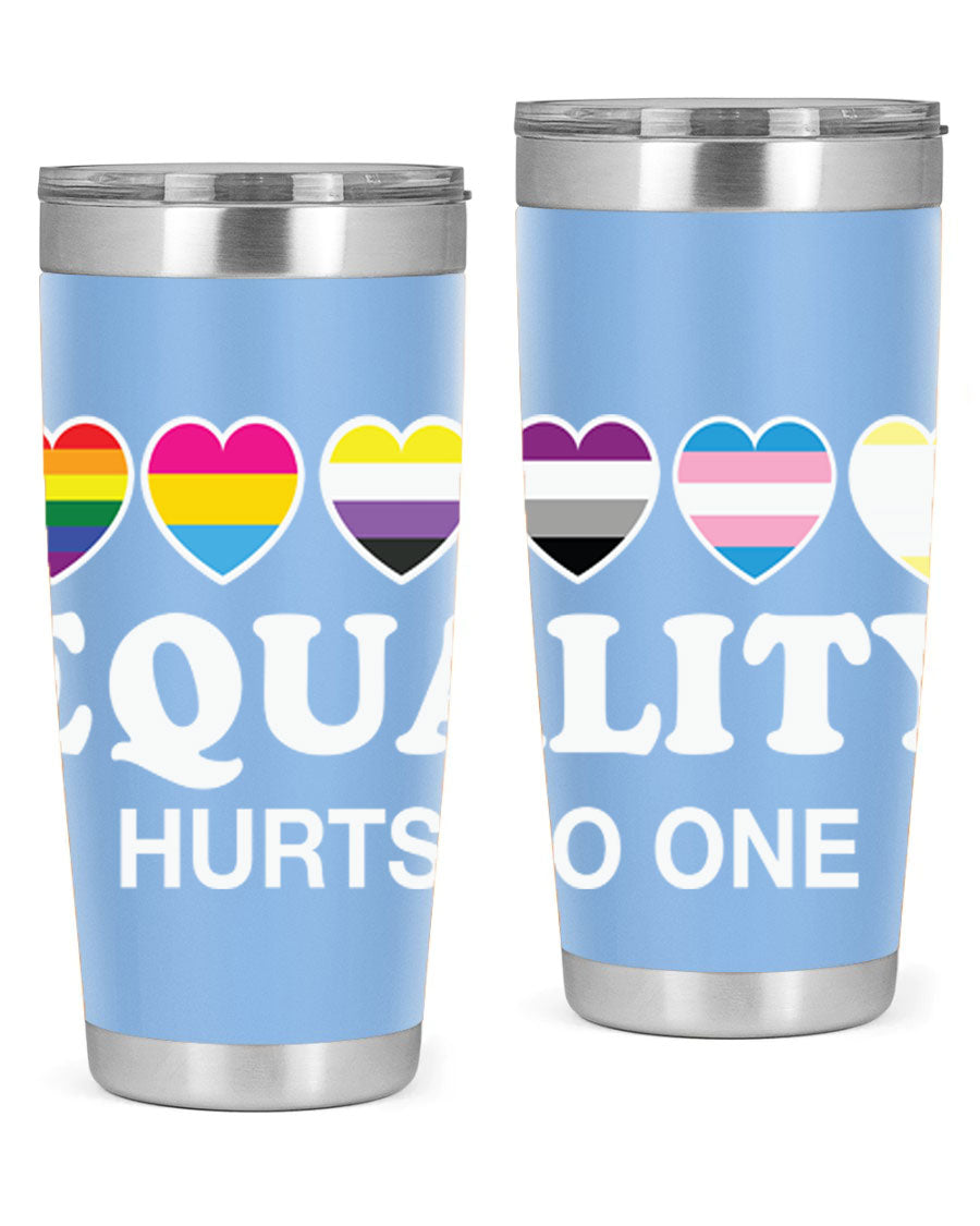 A stylish 20oz and 30oz stainless steel tumbler featuring the phrase 'Equality Hurts No One' with vibrant colors, perfect for LGBTQ+ supporters.