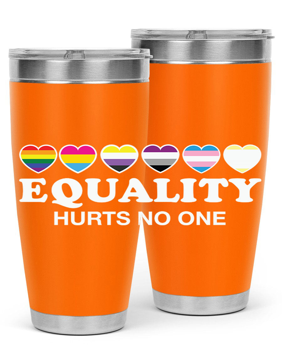 A stylish 20oz and 30oz stainless steel tumbler featuring the phrase 'Equality Hurts No One' with vibrant colors, perfect for LGBTQ+ supporters.