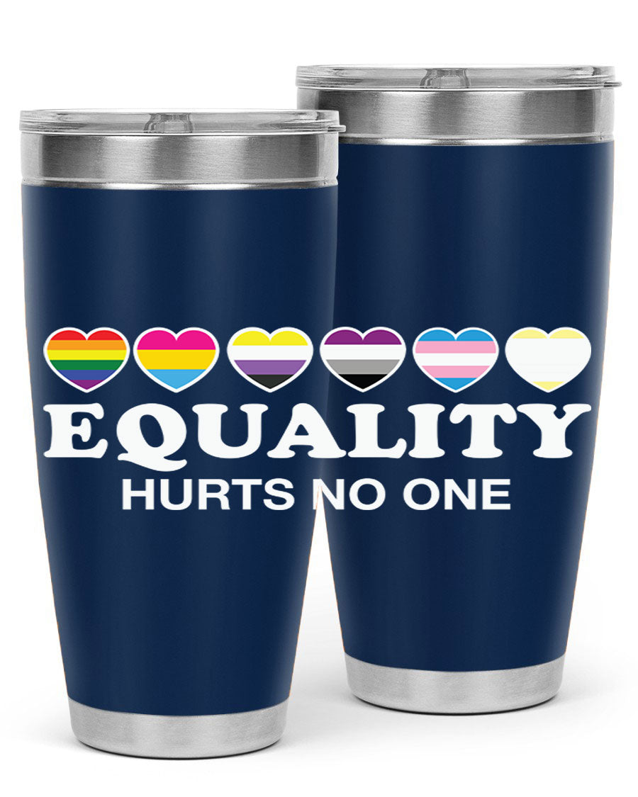 A stylish 20oz and 30oz stainless steel tumbler featuring the phrase 'Equality Hurts No One' with vibrant colors, perfect for LGBTQ+ supporters.