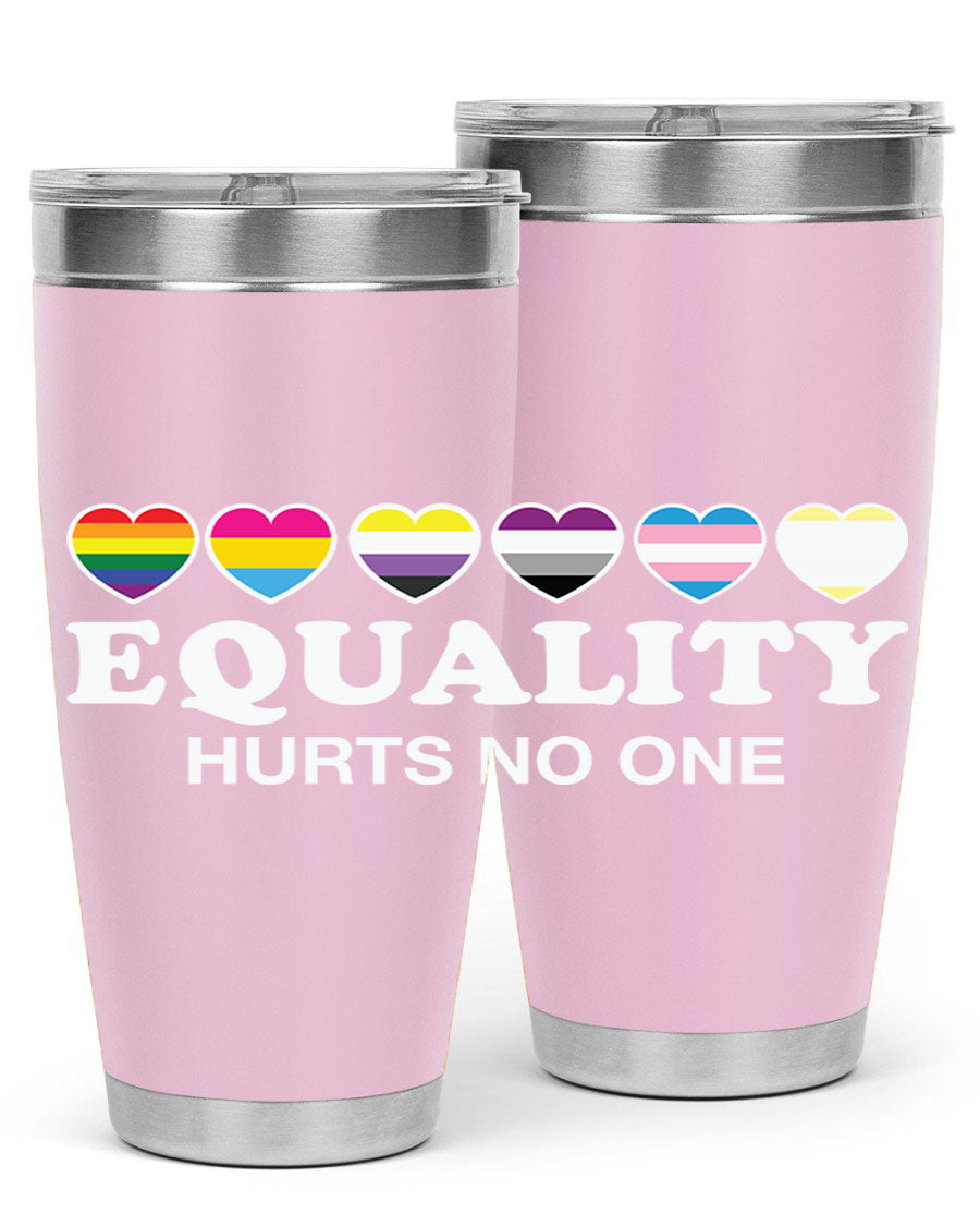 A stylish 20oz and 30oz stainless steel tumbler featuring the phrase 'Equality Hurts No One' with vibrant colors, perfect for LGBTQ+ supporters.