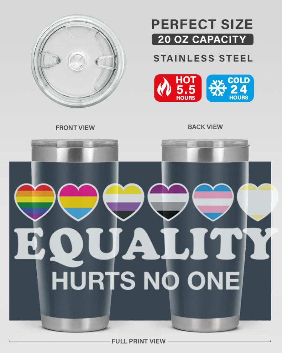 A stylish 20oz and 30oz stainless steel tumbler featuring the phrase 'Equality Hurts No One' with vibrant colors, perfect for LGBTQ+ supporters.