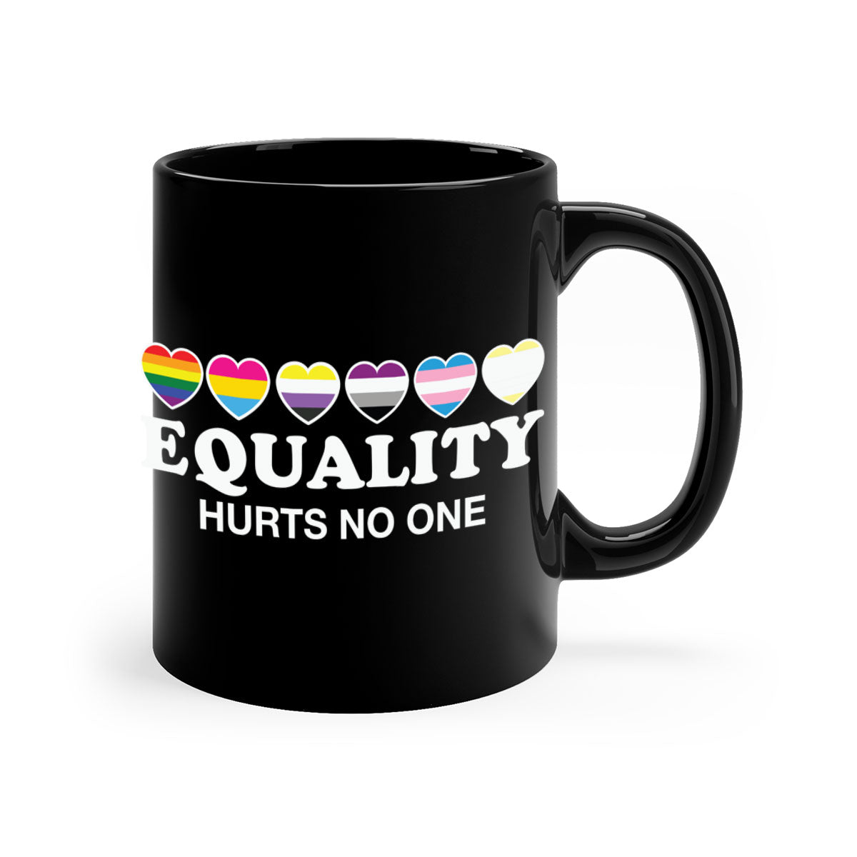 A stylish two-tone Equality Hurts No One LGBT Mug with a colored handle and glossy finish, available in multiple colors.