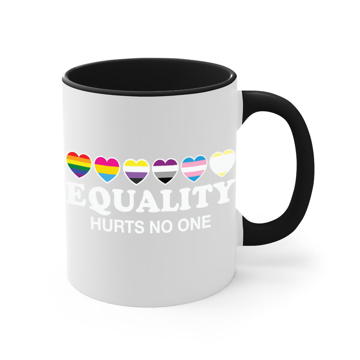 A stylish two-tone Equality Hurts No One LGBT Mug with a colored handle and glossy finish, available in multiple colors.