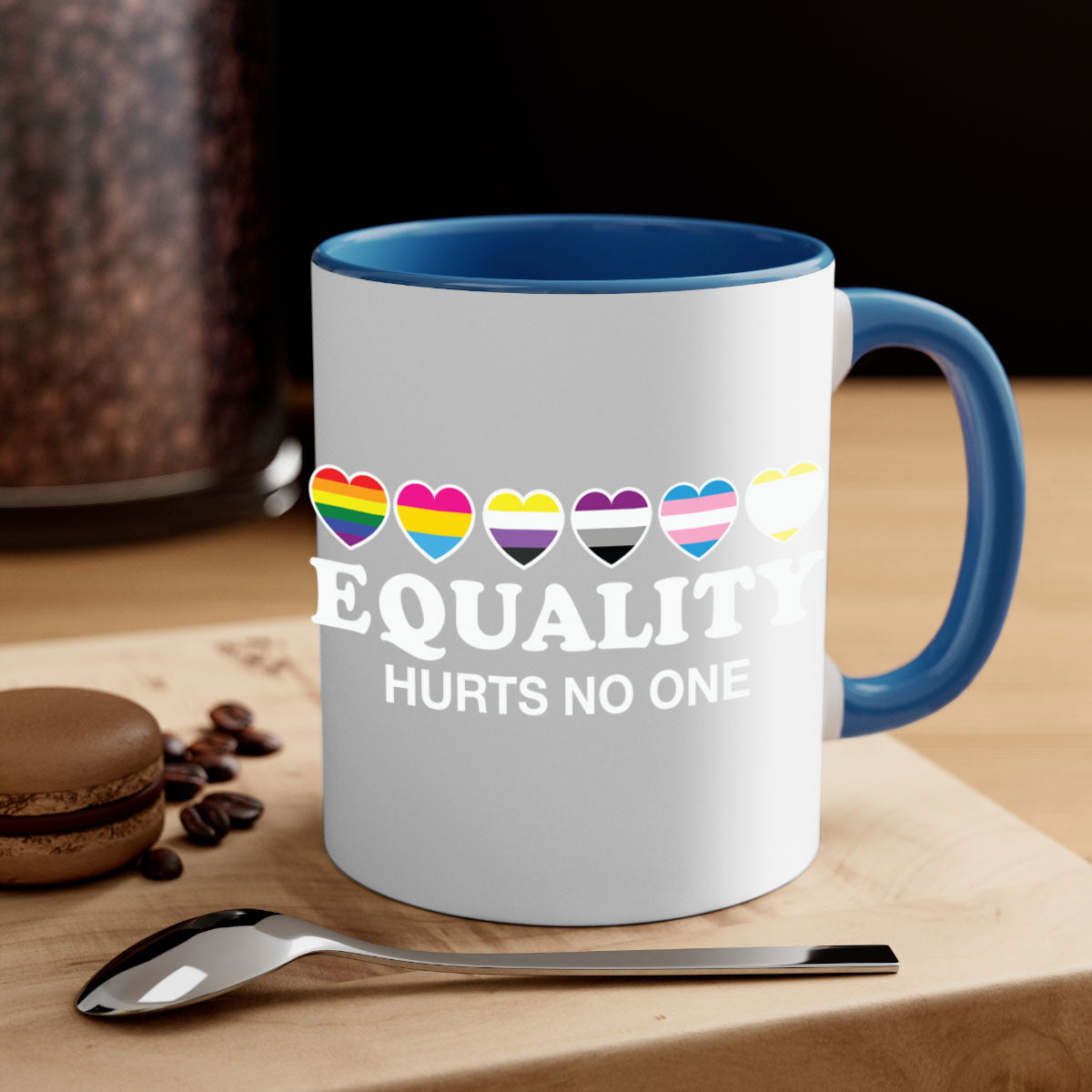 A stylish two-tone Equality Hurts No One LGBT Mug with a colored handle and glossy finish, available in multiple colors.