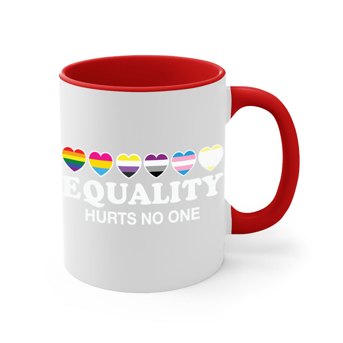A stylish two-tone Equality Hurts No One LGBT Mug with a colored handle and glossy finish, available in multiple colors.