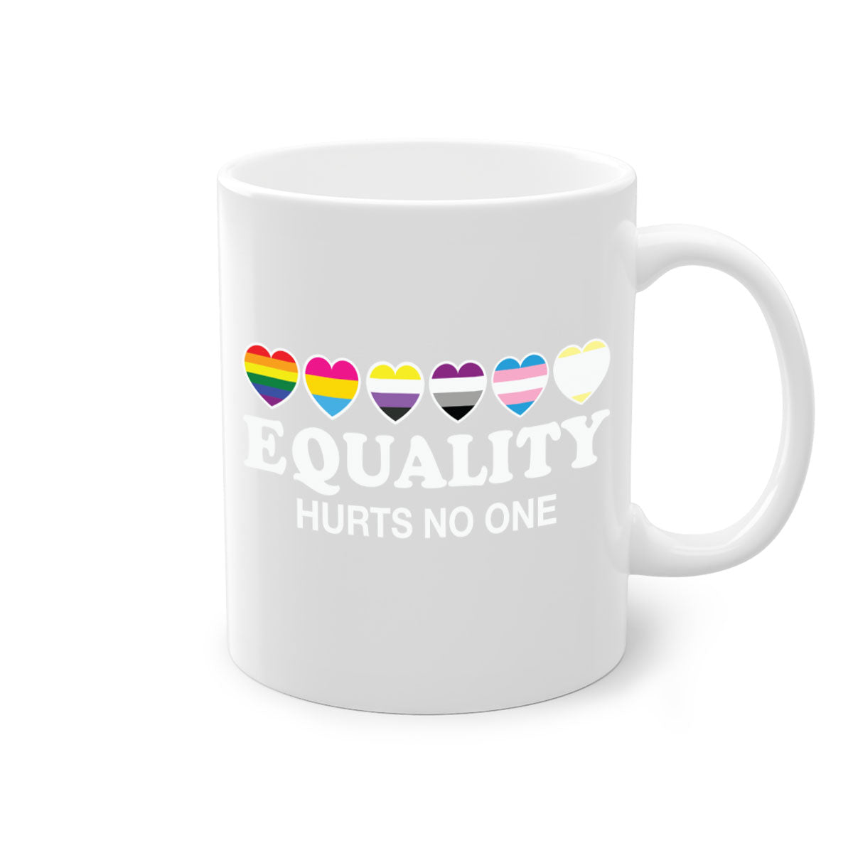 A stylish two-tone Equality Hurts No One LGBT Mug with a colored handle and glossy finish, available in multiple colors.