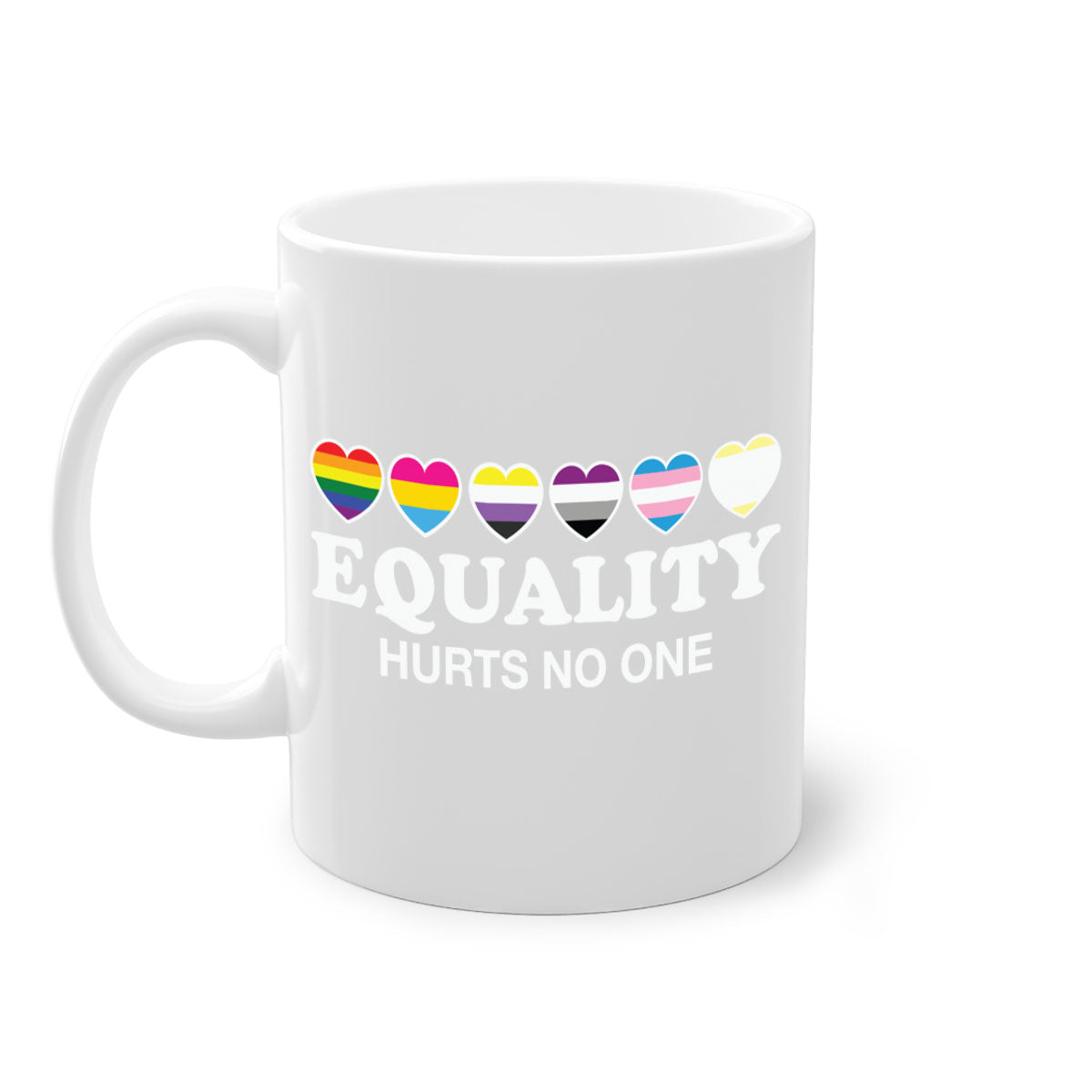A stylish two-tone Equality Hurts No One LGBT Mug with a colored handle and glossy finish, available in multiple colors.