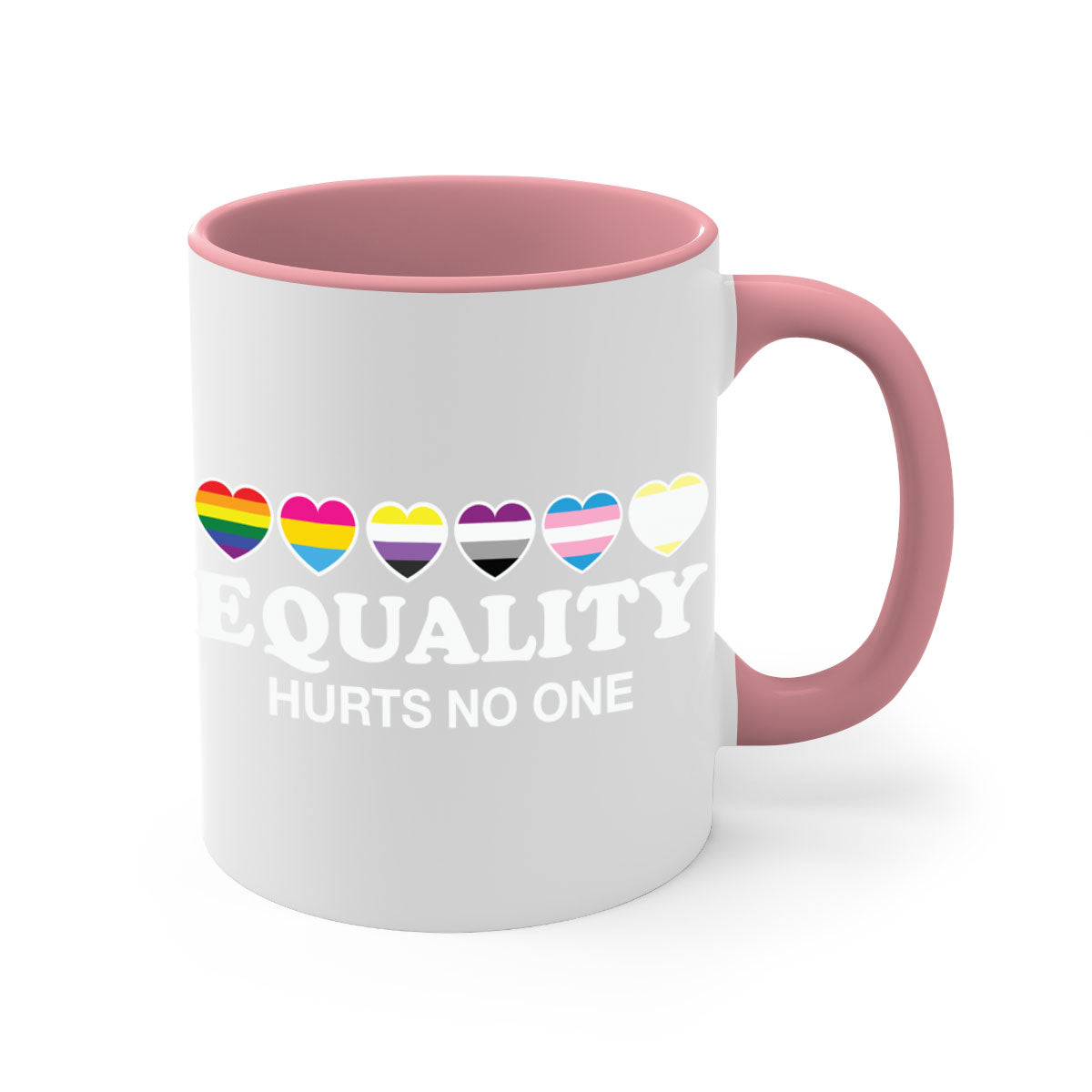 A stylish two-tone Equality Hurts No One LGBT Mug with a colored handle and glossy finish, available in multiple colors.