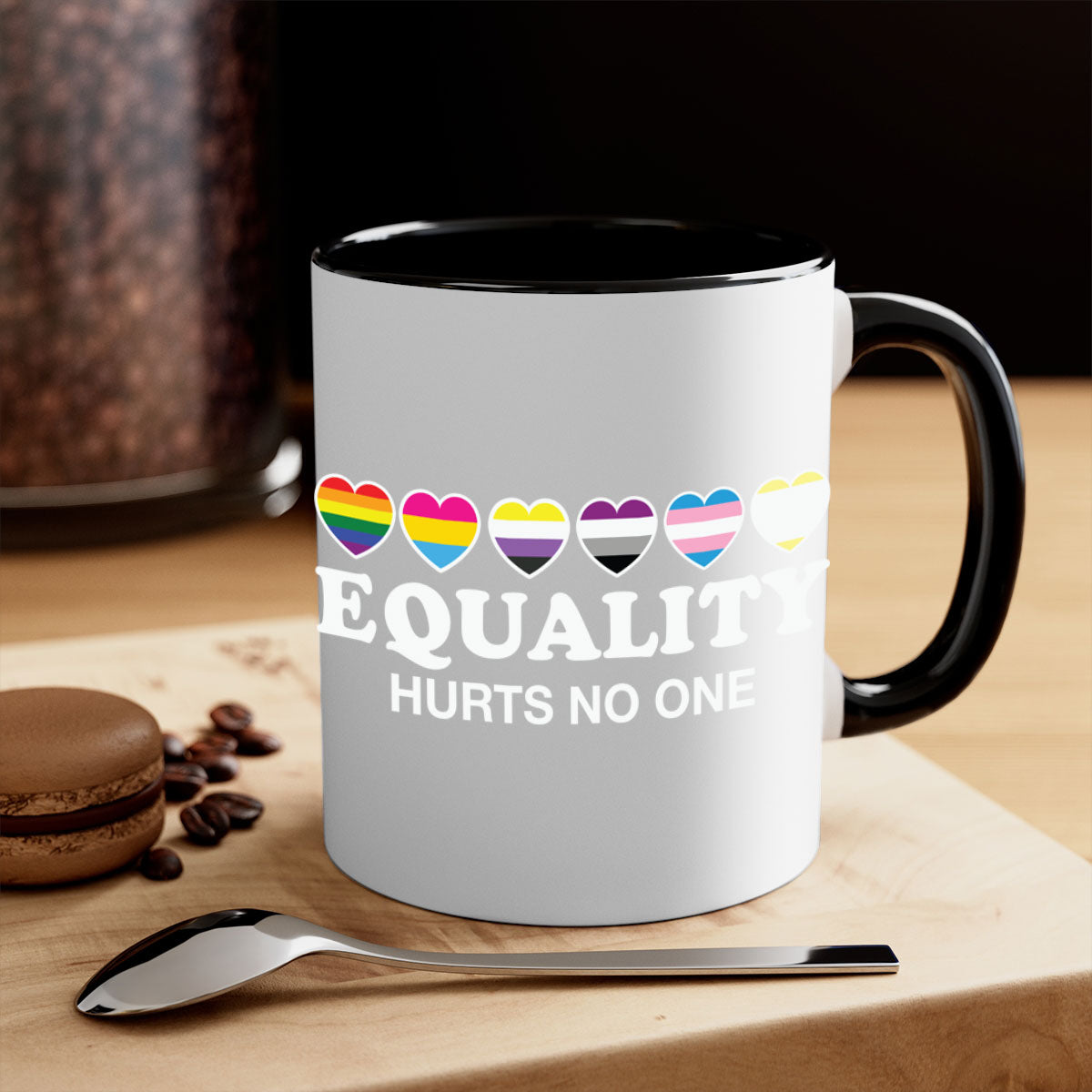 A stylish two-tone Equality Hurts No One LGBT Mug with a colored handle and glossy finish, available in multiple colors.