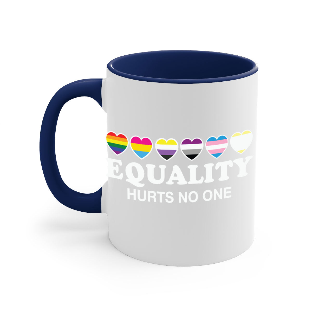 A stylish two-tone Equality Hurts No One LGBT Mug with a colored handle and glossy finish, available in multiple colors.