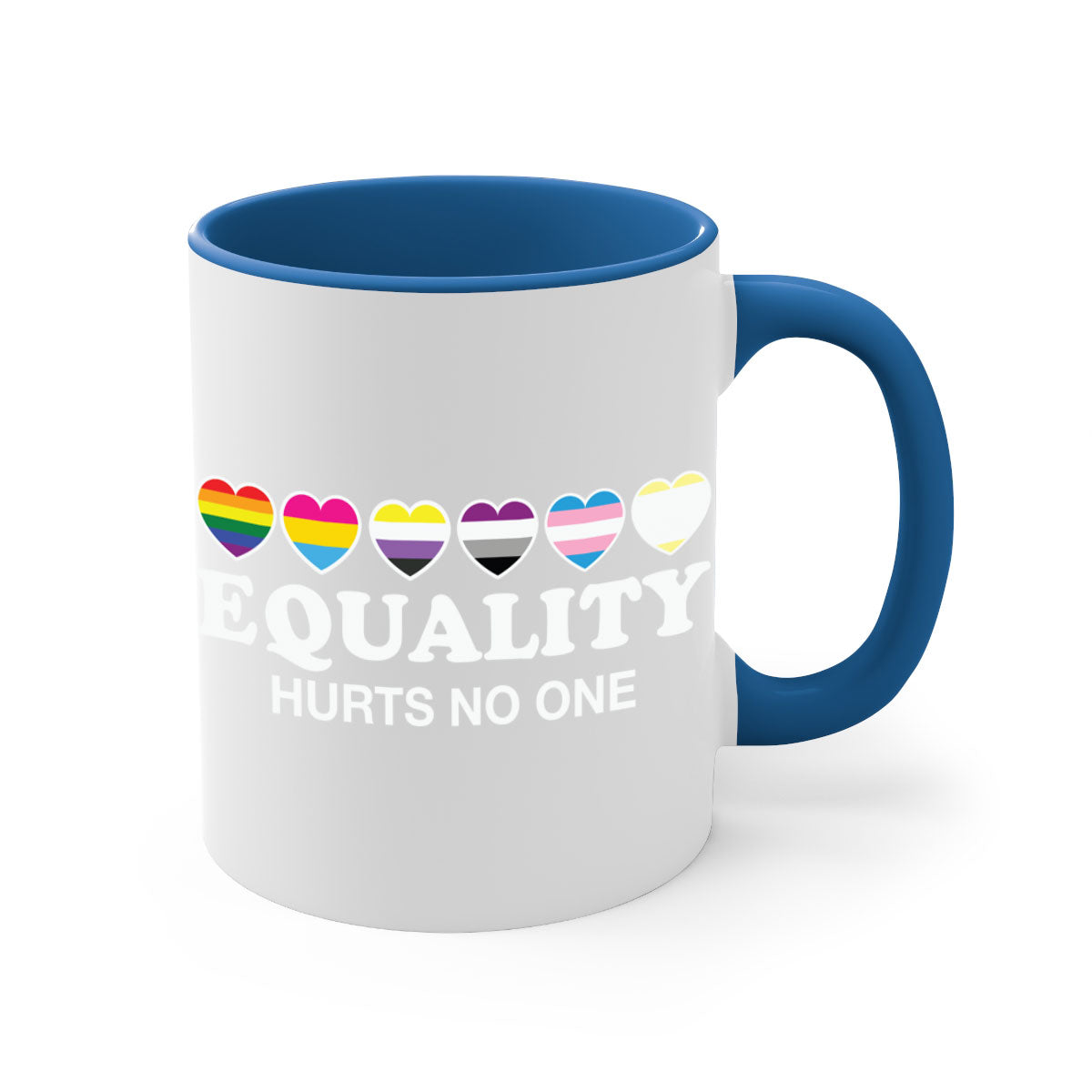 A stylish two-tone Equality Hurts No One LGBT Mug with a colored handle and glossy finish, available in multiple colors.