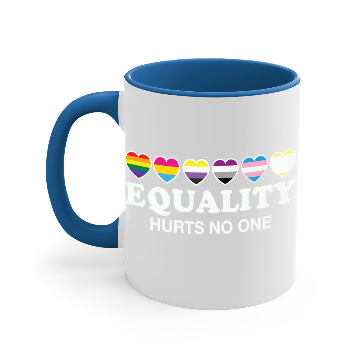A stylish two-tone Equality Hurts No One LGBT Mug with a colored handle and glossy finish, available in multiple colors.