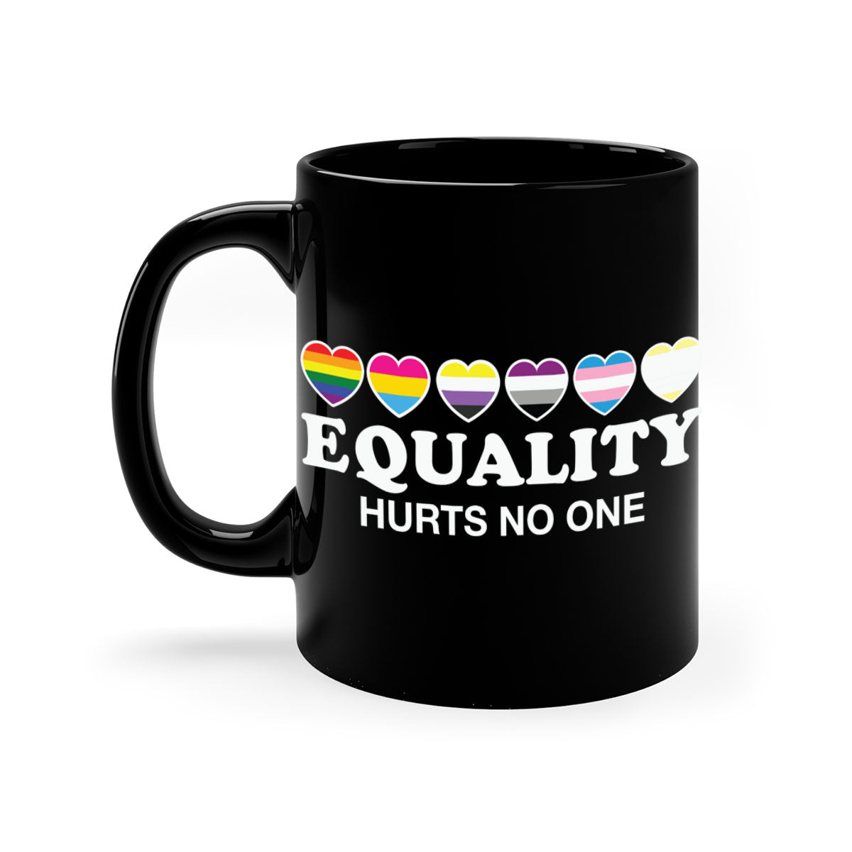 A stylish two-tone Equality Hurts No One LGBT Mug with a colored handle and glossy finish, available in multiple colors.