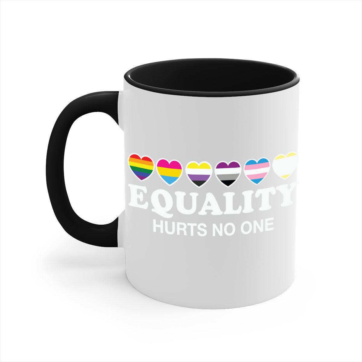 A stylish two-tone Equality Hurts No One LGBT Mug with a colored handle and glossy finish, available in multiple colors.