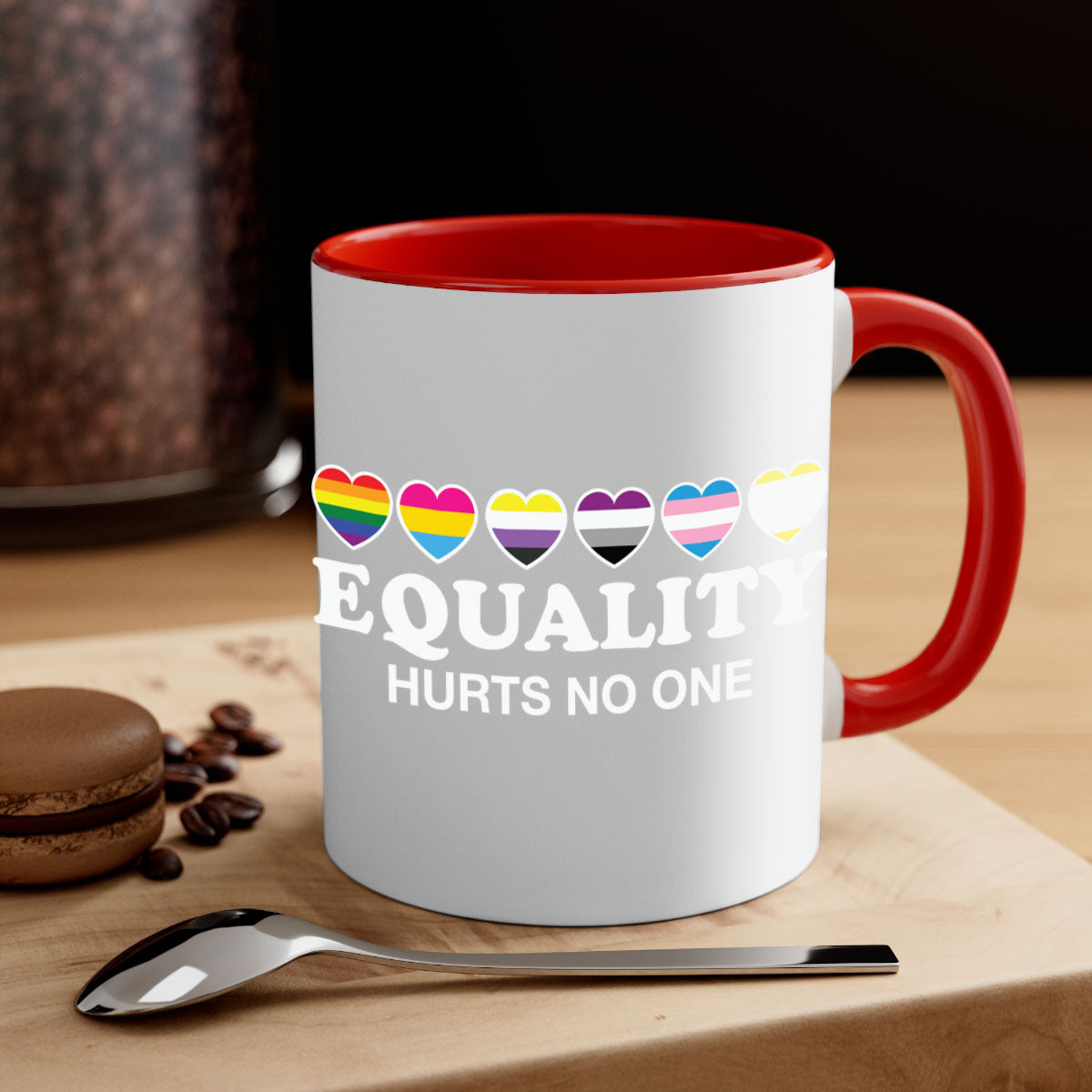 A stylish two-tone Equality Hurts No One LGBT Mug with a colored handle and glossy finish, available in multiple colors.