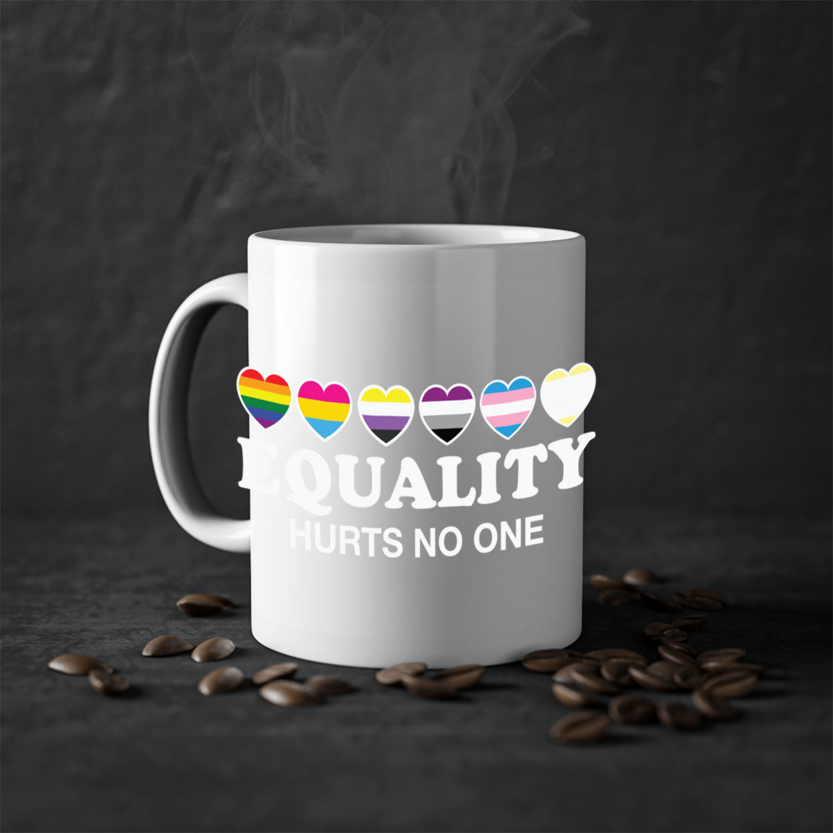 A stylish two-tone Equality Hurts No One LGBT Mug with a colored handle and glossy finish, available in multiple colors.