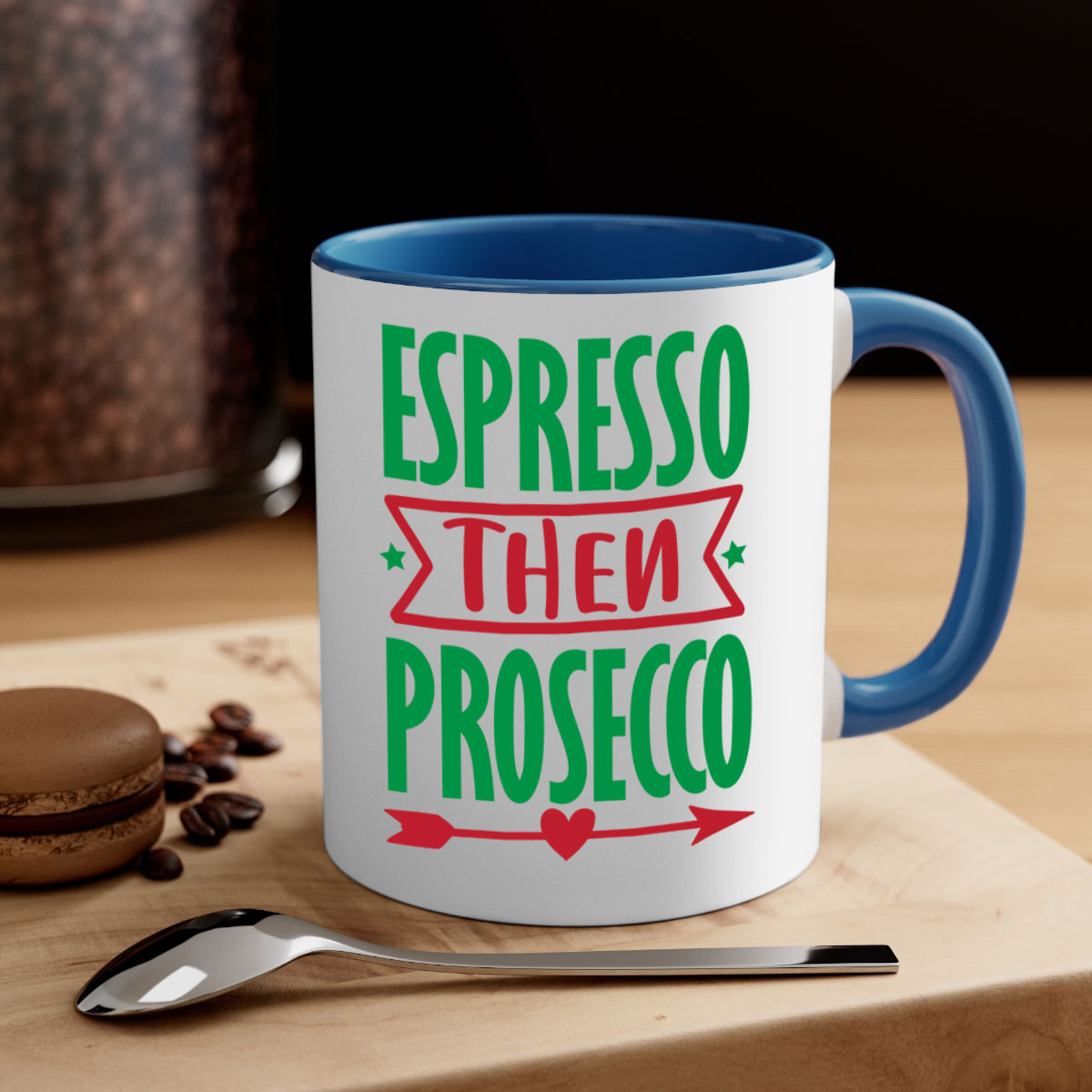 Espresso Then Prosecco Mug with colorful handle and glossy finish, perfect for coffee and tea lovers.