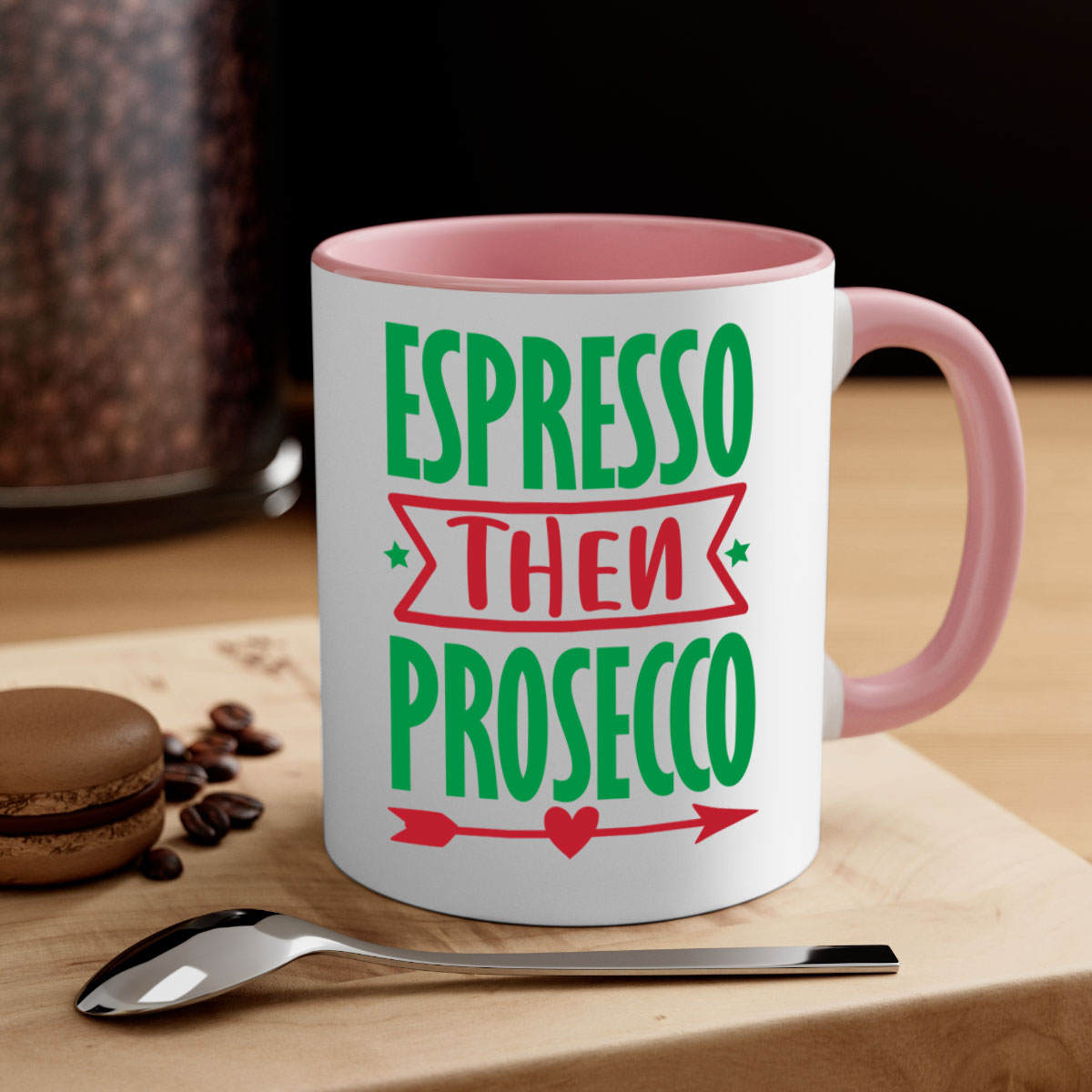 Espresso Then Prosecco Mug with colorful handle and glossy finish, perfect for coffee and tea lovers.