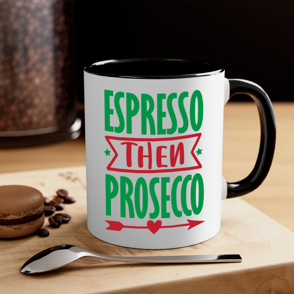 Espresso Then Prosecco Mug with colorful handle and glossy finish, perfect for coffee and tea lovers.