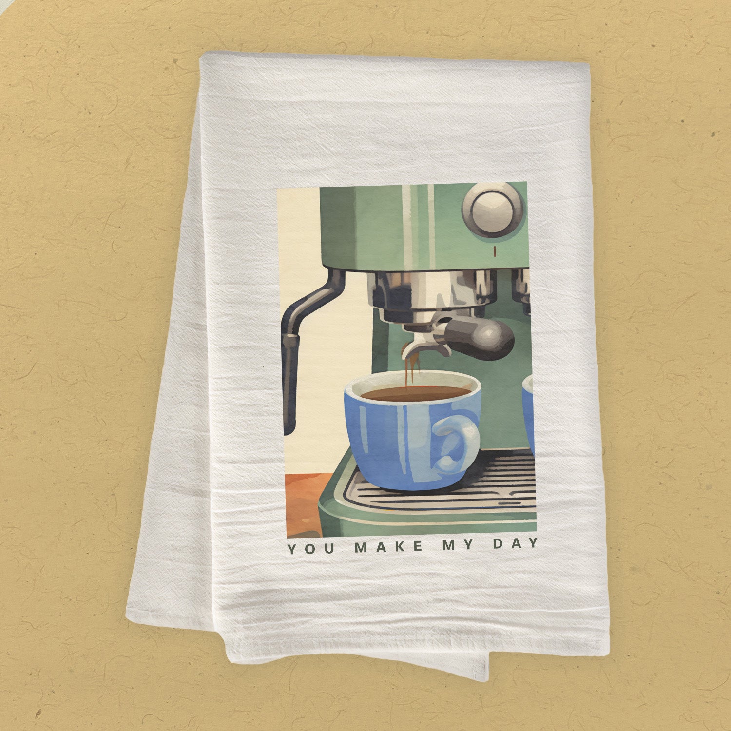 Espresso You Make My Day cotton tea towel featuring vibrant coffee-themed design, hemmed edges, and 27-inch square size.
