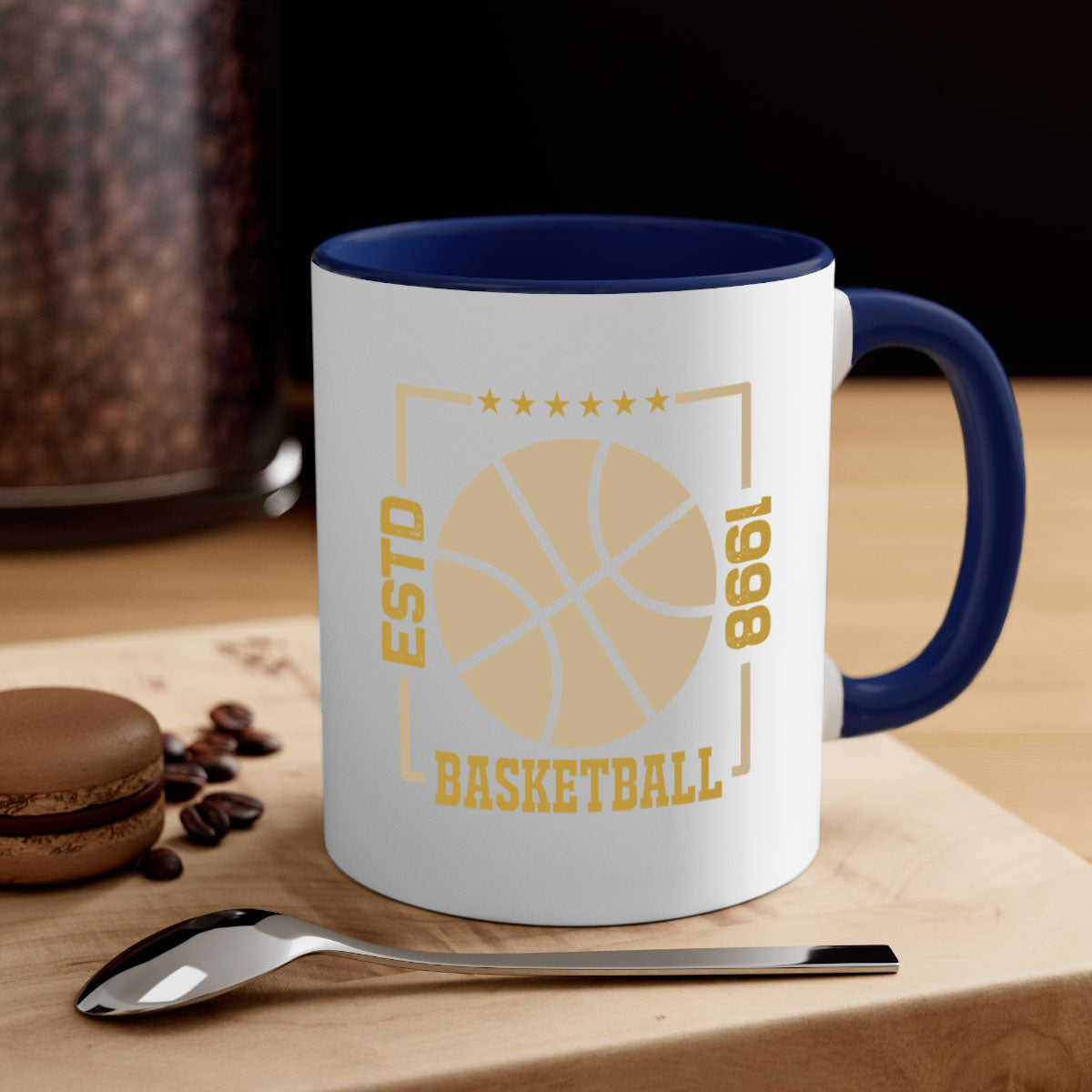 Estd 1263# basketball mug with a glossy finish, featuring a colored handle and interior, available in multiple colors and sizes.