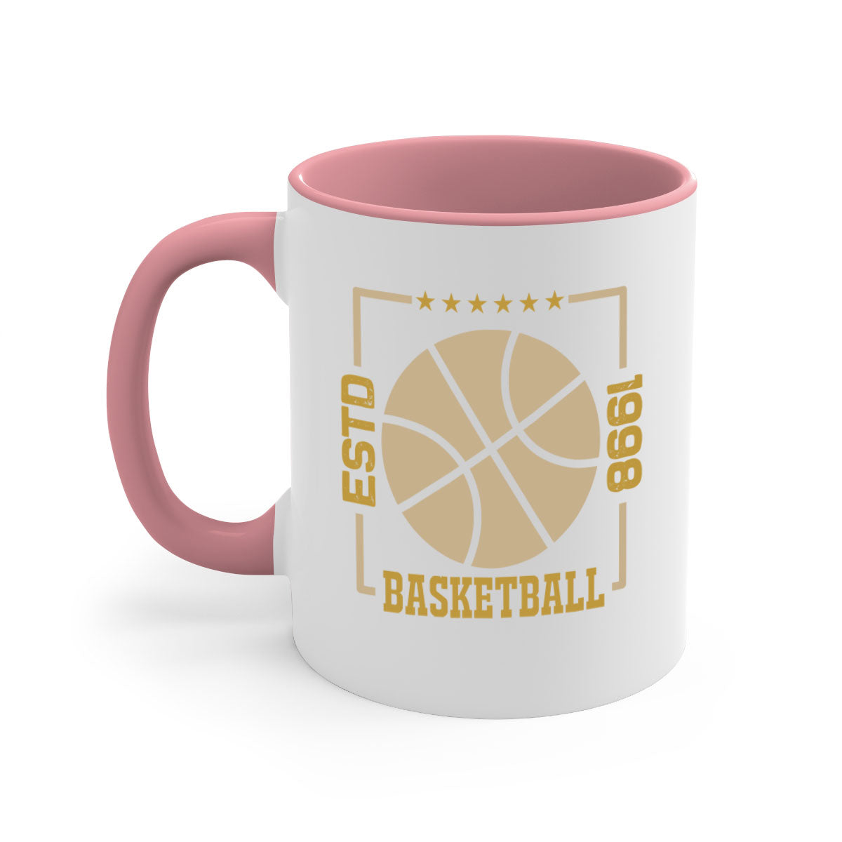 Estd 1263# basketball mug with a glossy finish, featuring a colored handle and interior, available in multiple colors and sizes.