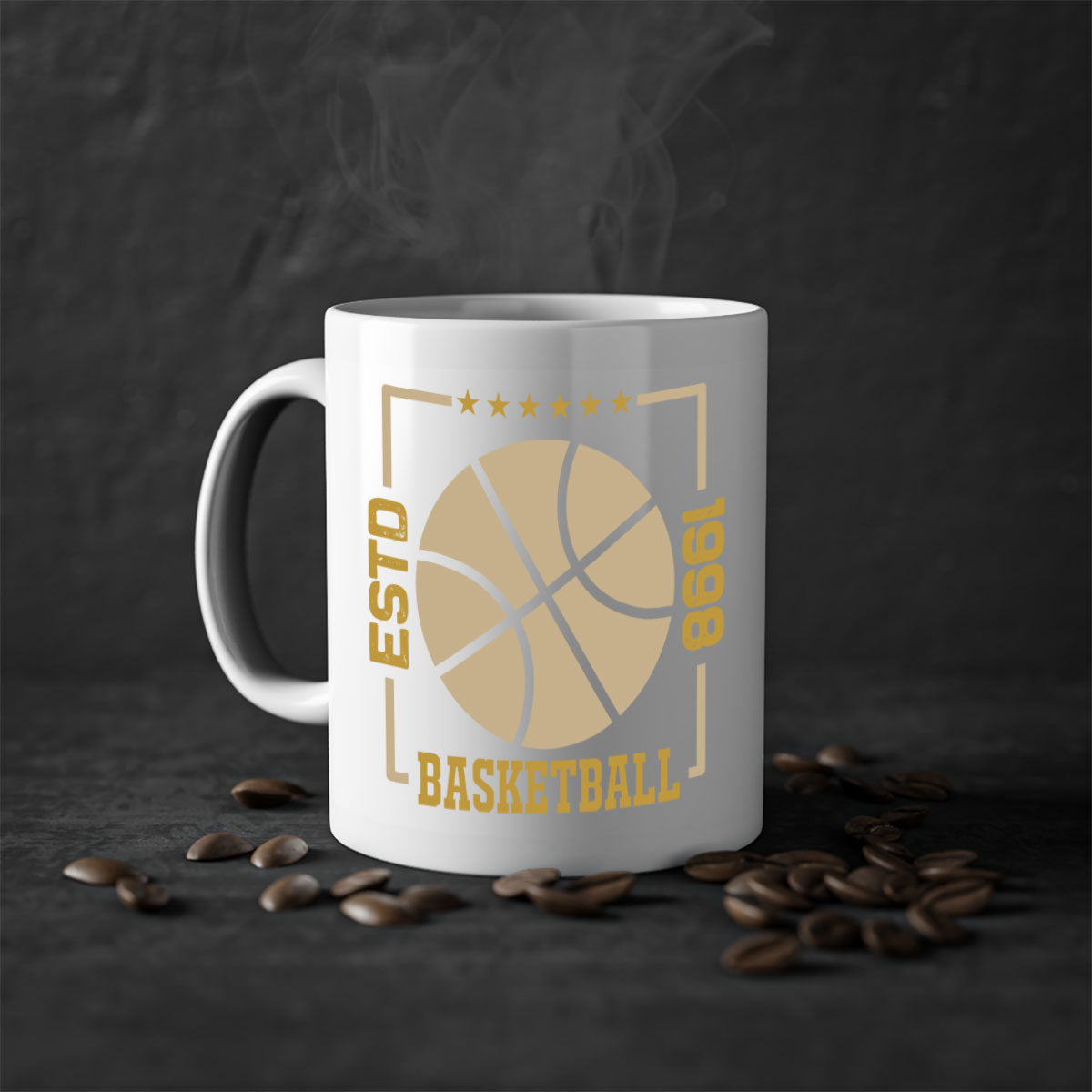Estd 1263# basketball mug with a glossy finish, featuring a colored handle and interior, available in multiple colors and sizes.