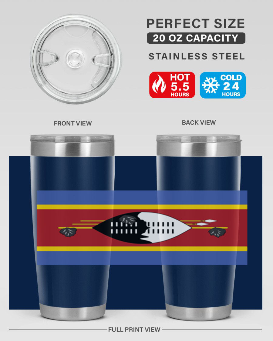 Eswatini 141# Tumbler featuring the Eswatini flag design, made of stainless steel with a double wall vacuum for insulation.