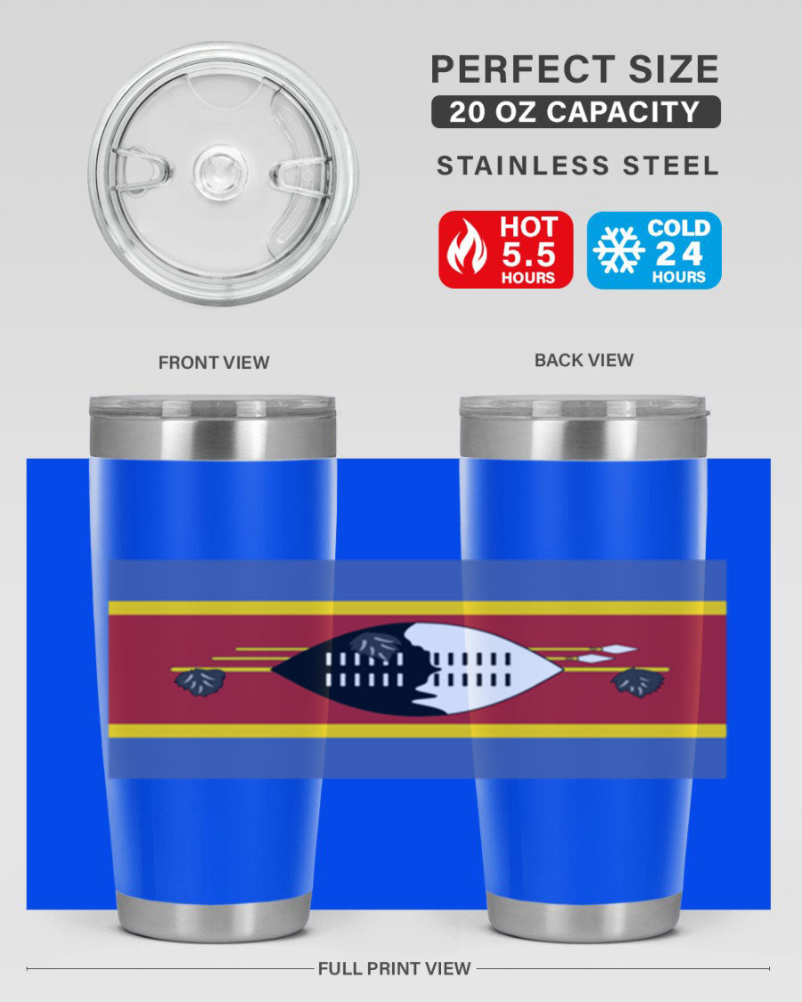 Eswatini 141# Tumbler featuring the Eswatini flag design, made of stainless steel with a double wall vacuum for insulation.