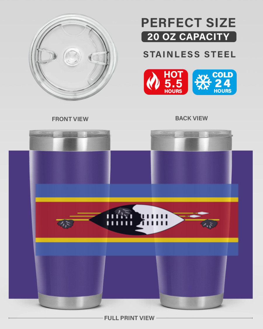 Eswatini 141# Tumbler featuring the Eswatini flag design, made of stainless steel with a double wall vacuum for insulation.