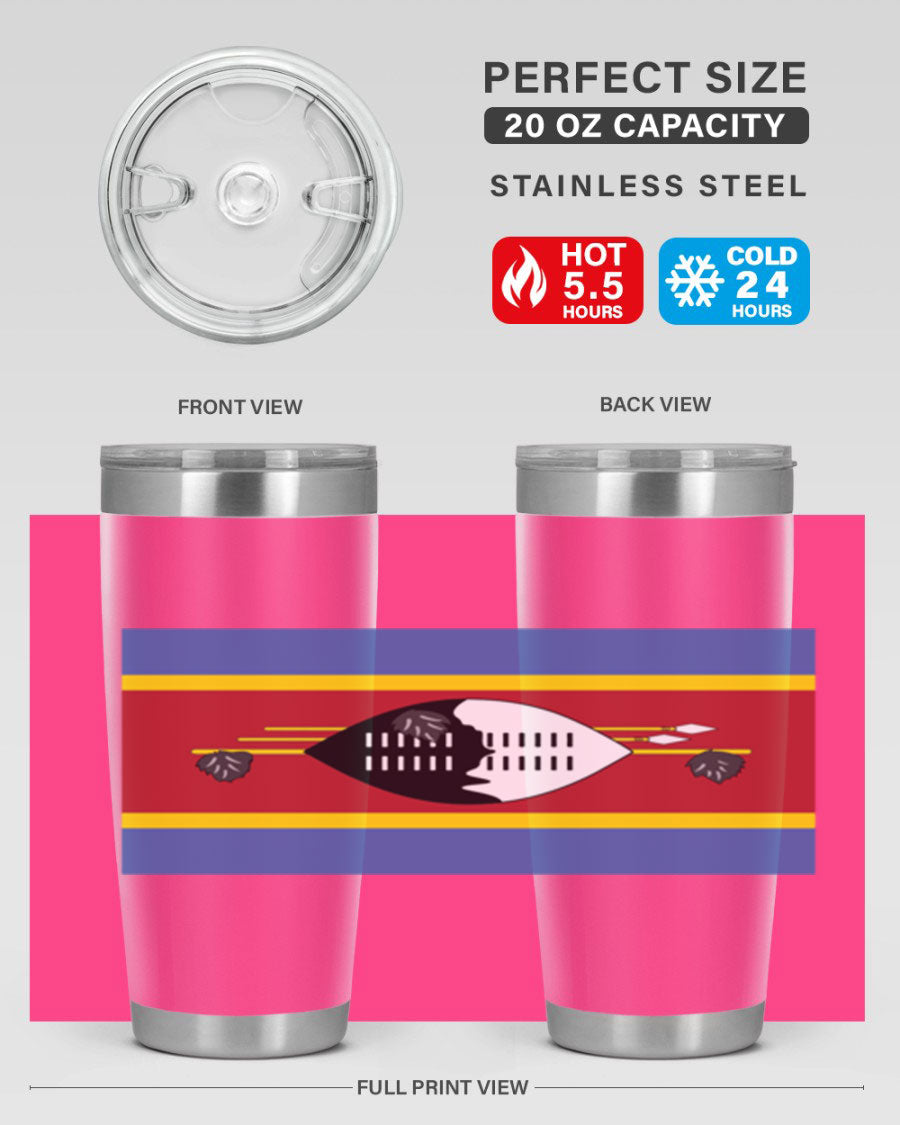 Eswatini 141# Tumbler featuring the Eswatini flag design, made of stainless steel with a double wall vacuum for insulation.