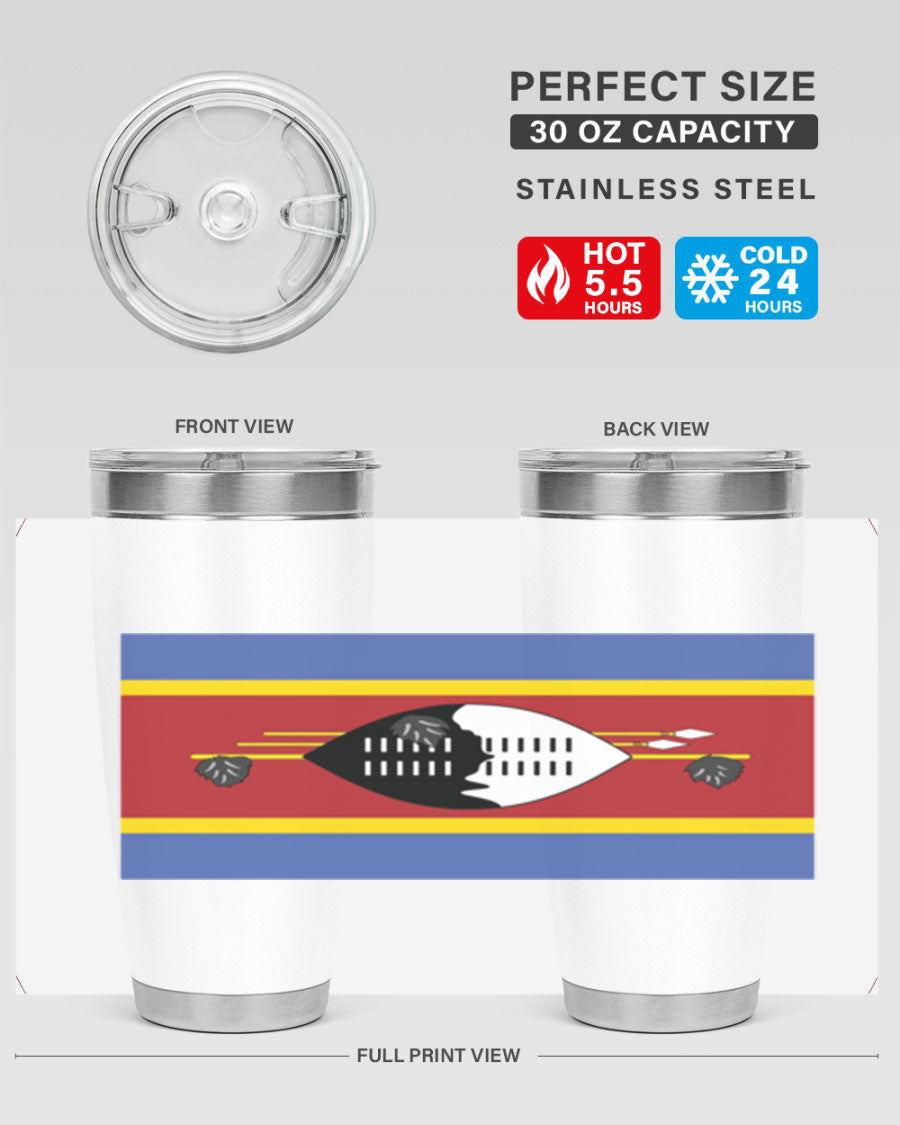 Eswatini 141# Tumbler featuring the Eswatini flag design, made of stainless steel with a double wall vacuum for insulation.