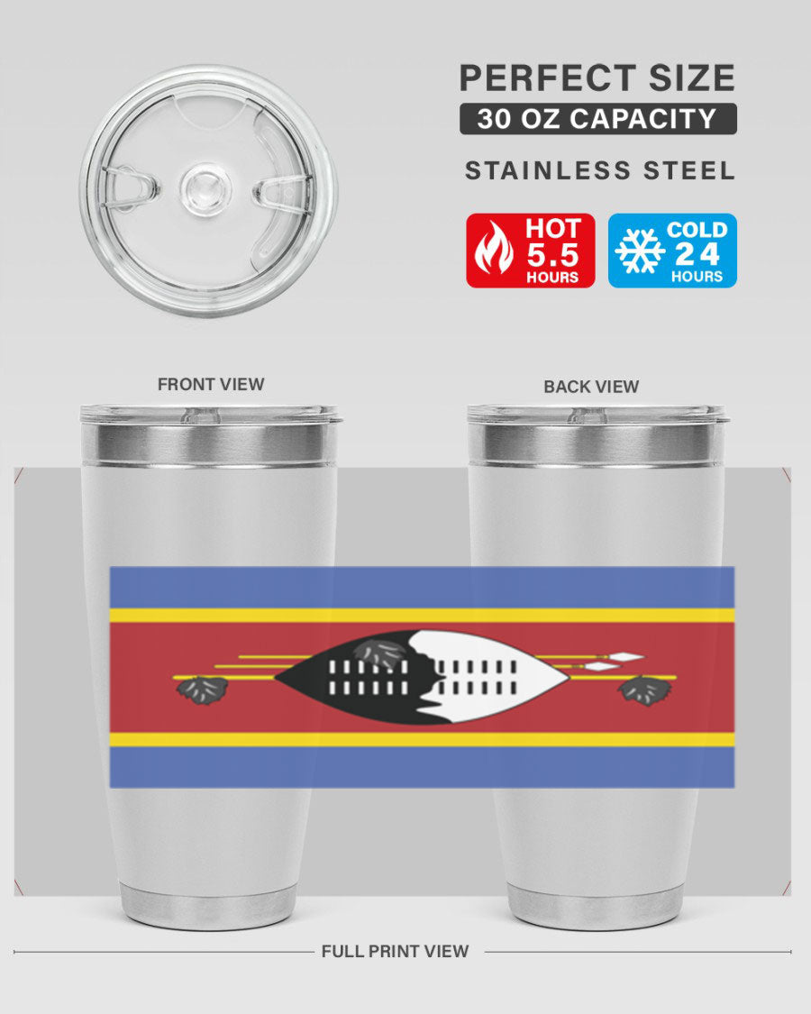 Eswatini 141# Tumbler featuring the Eswatini flag design, made of stainless steel with a double wall vacuum for insulation.